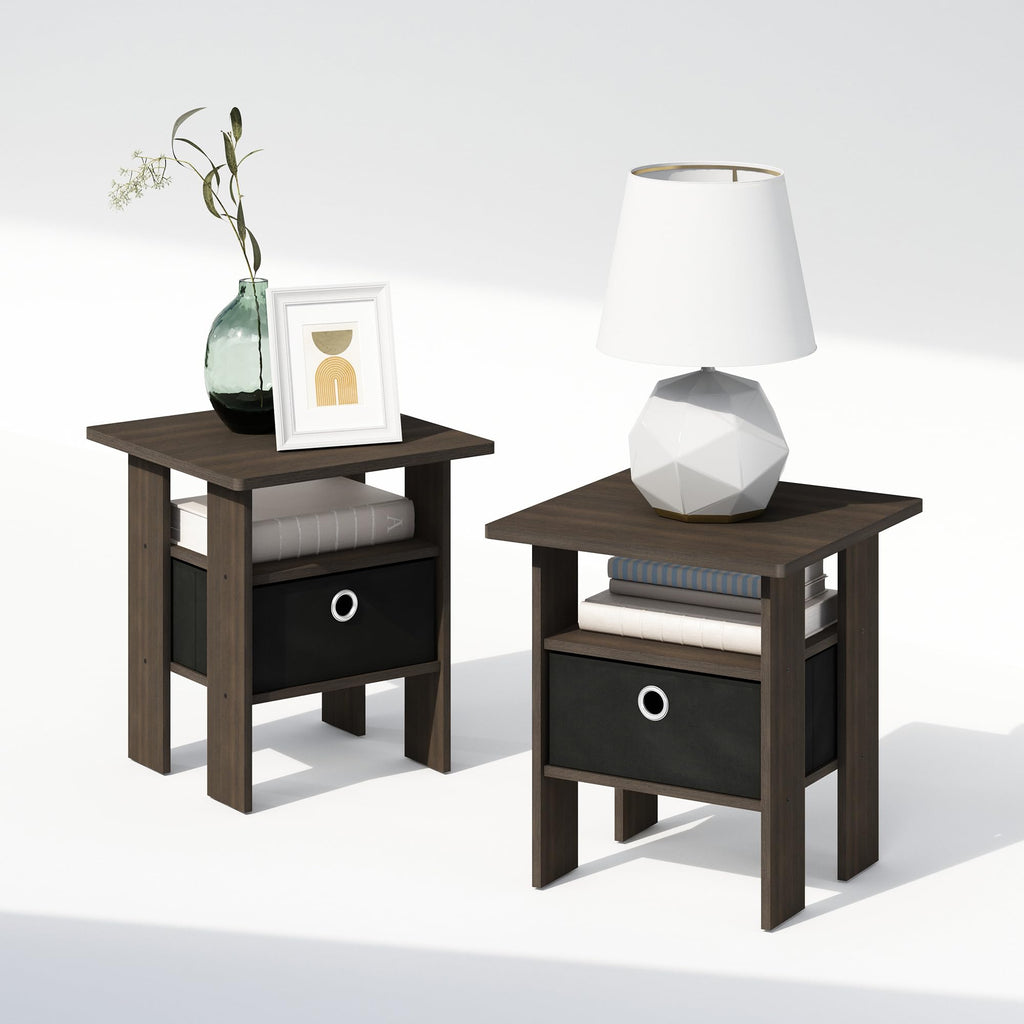 Furinno Tidur Bedside Table Nightstand With Bin Drawer, Dark Brown/Black, Set Of 2