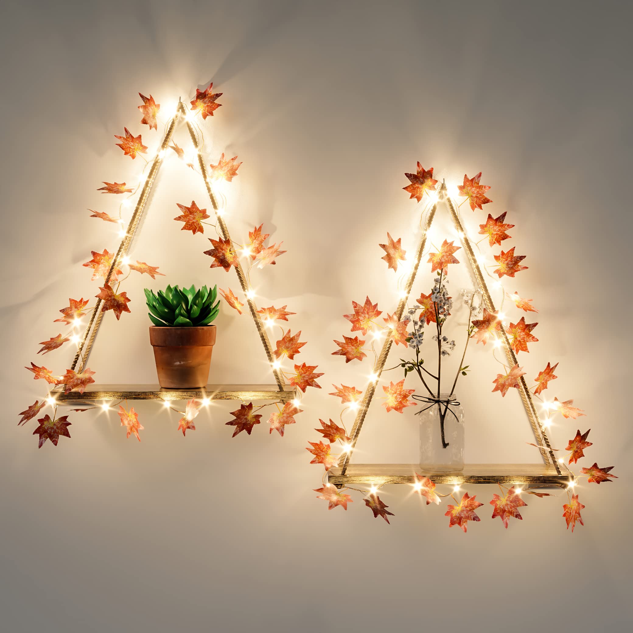 Artificial White Flower Garland With Led-Strip Wall Hanging Shelves Set Of 2, Boho Shelves For Wall Décor, Macrame Wall Shelf For Bedroom Bathroom Living Room Kitchen (No Battery Included)