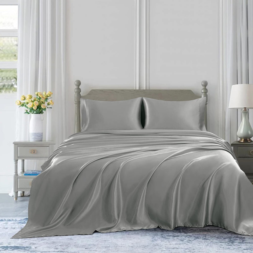 Homiest 4Pcs Satin Sheets Set Luxury Silky Satin Bedding Set With Deep Pocket, 1 Fitted Sheet + 1 Flat Sheet + 2 Pillowcases (King Size, Light Grey)