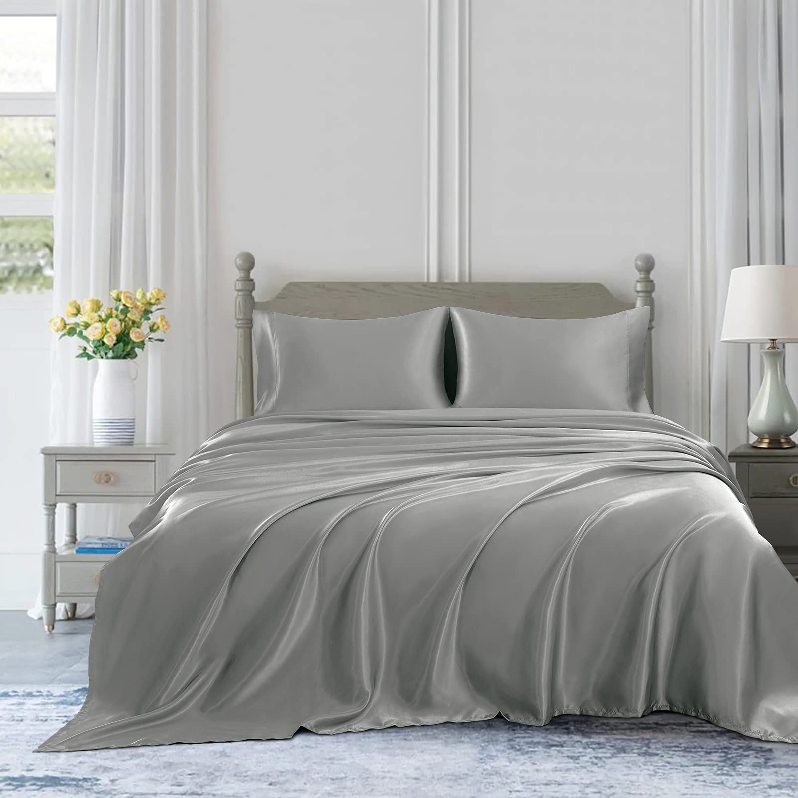 Homiest 4Pcs Satin Sheets Set Luxury Silky Satin Bedding Set With Deep Pocket, 1 Fitted Sheet + 1 Flat Sheet + 2 Pillowcases (King Size, Light Grey)