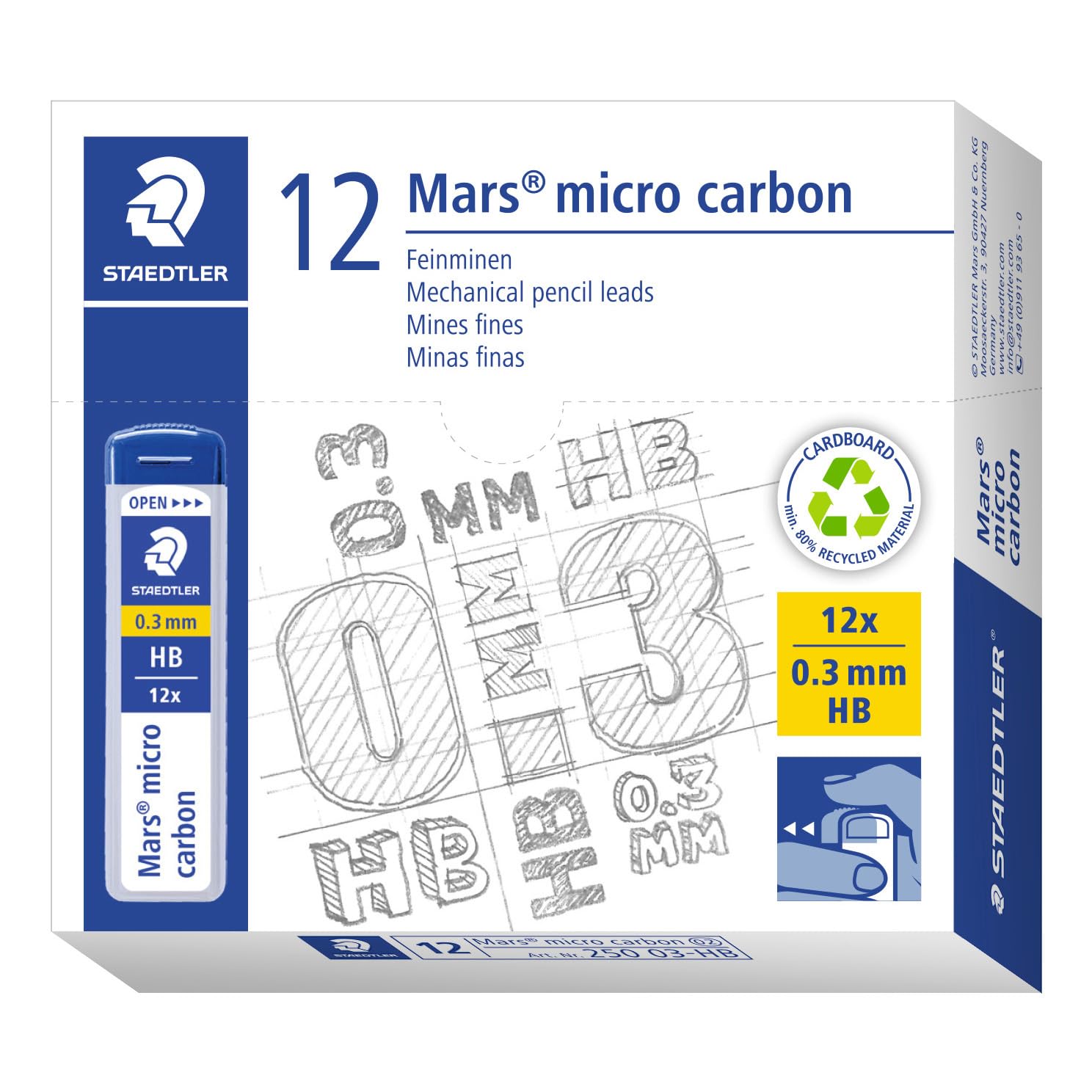 Staedtler | Mars Micro Carbon Mechanical Pencil Refills | Tube Of 12 | 0.3Mm Hb Point Graphite Leads | 250 03-Hb