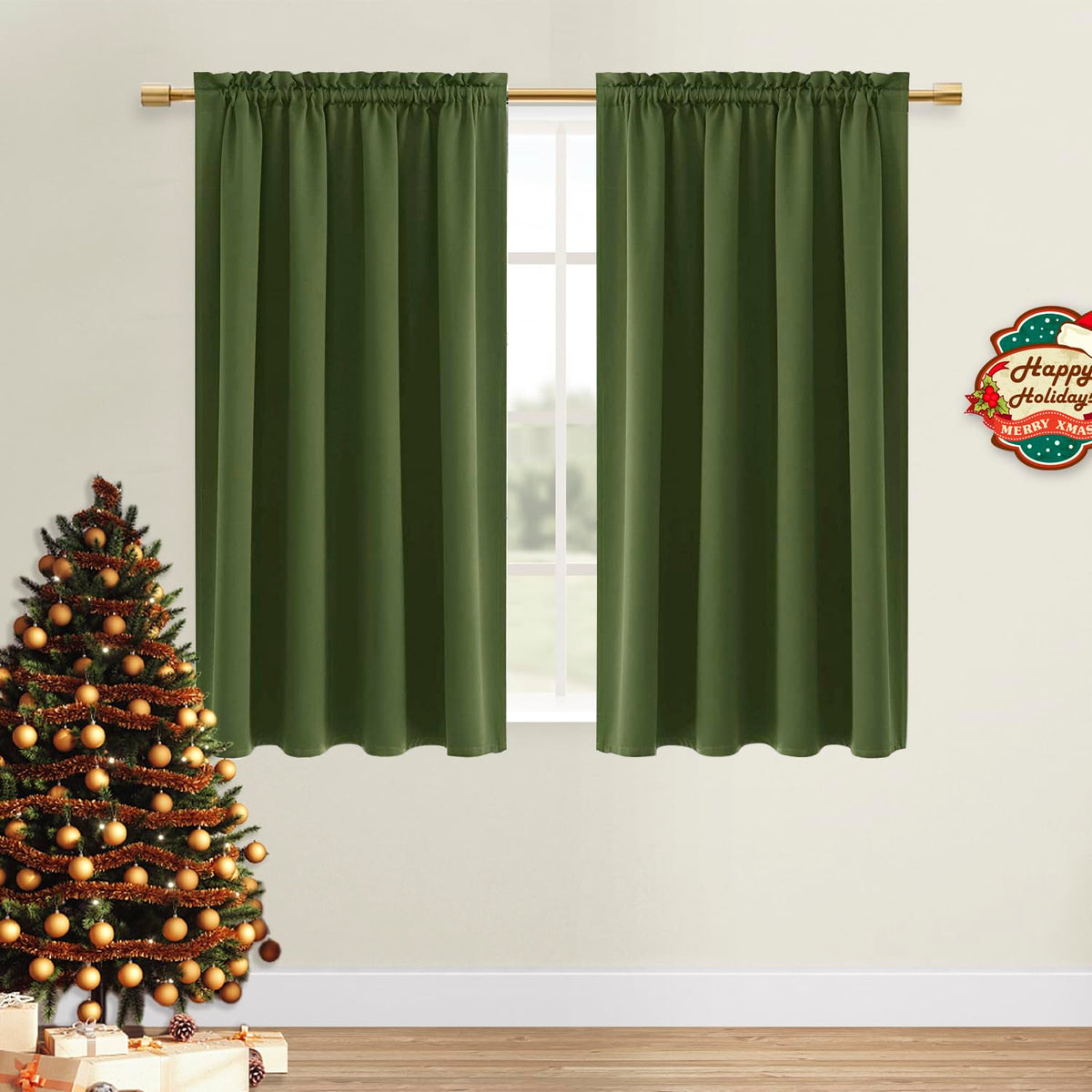 Dwcn Christmas Olive Green Room Darkening Blackout Curtains - Thermal Insulated Privacy Energy Saving Window Curtain Drapes 38 X