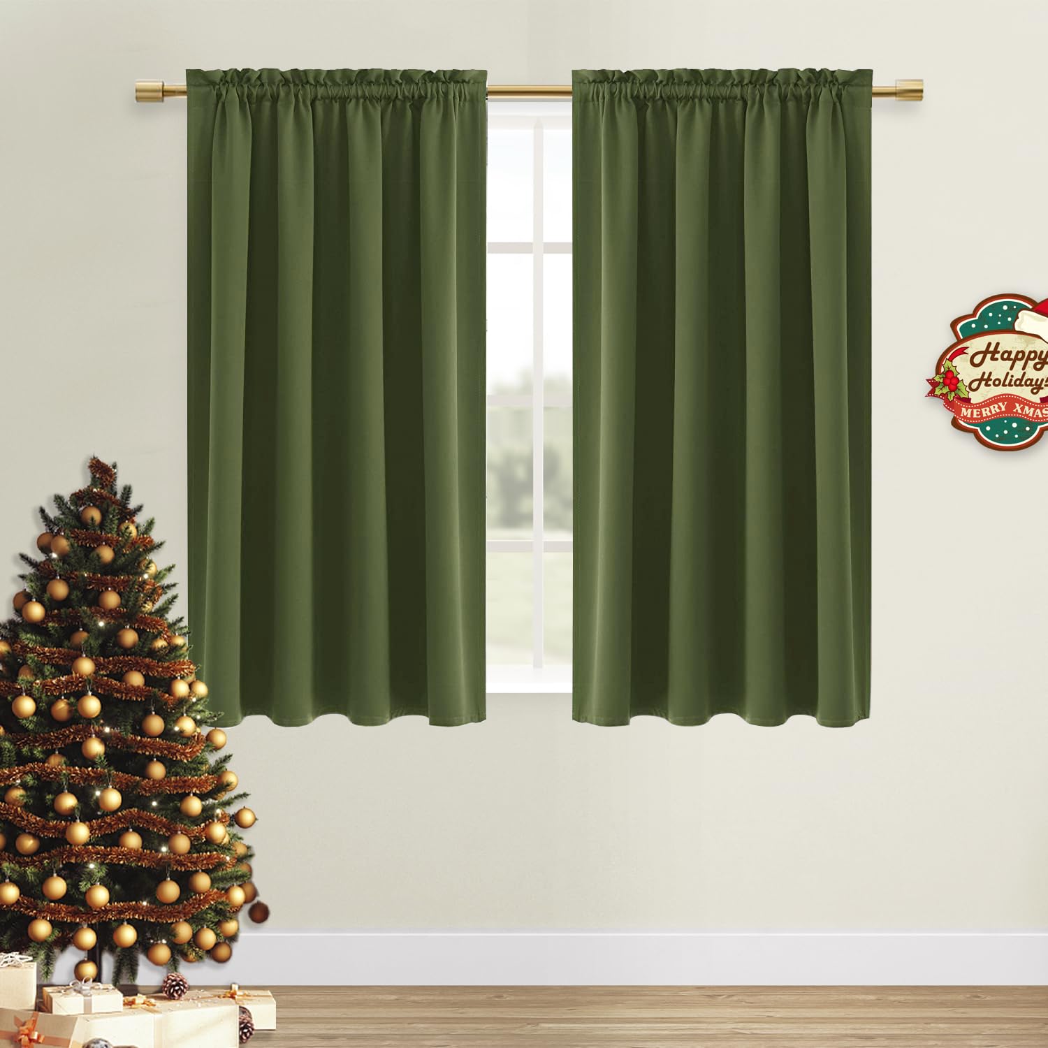 Dwcn Christmas Olive Green Room Darkening Blackout Curtains - Thermal Insulated Privacy Energy Saving Window Curtain Drapes 38 X
