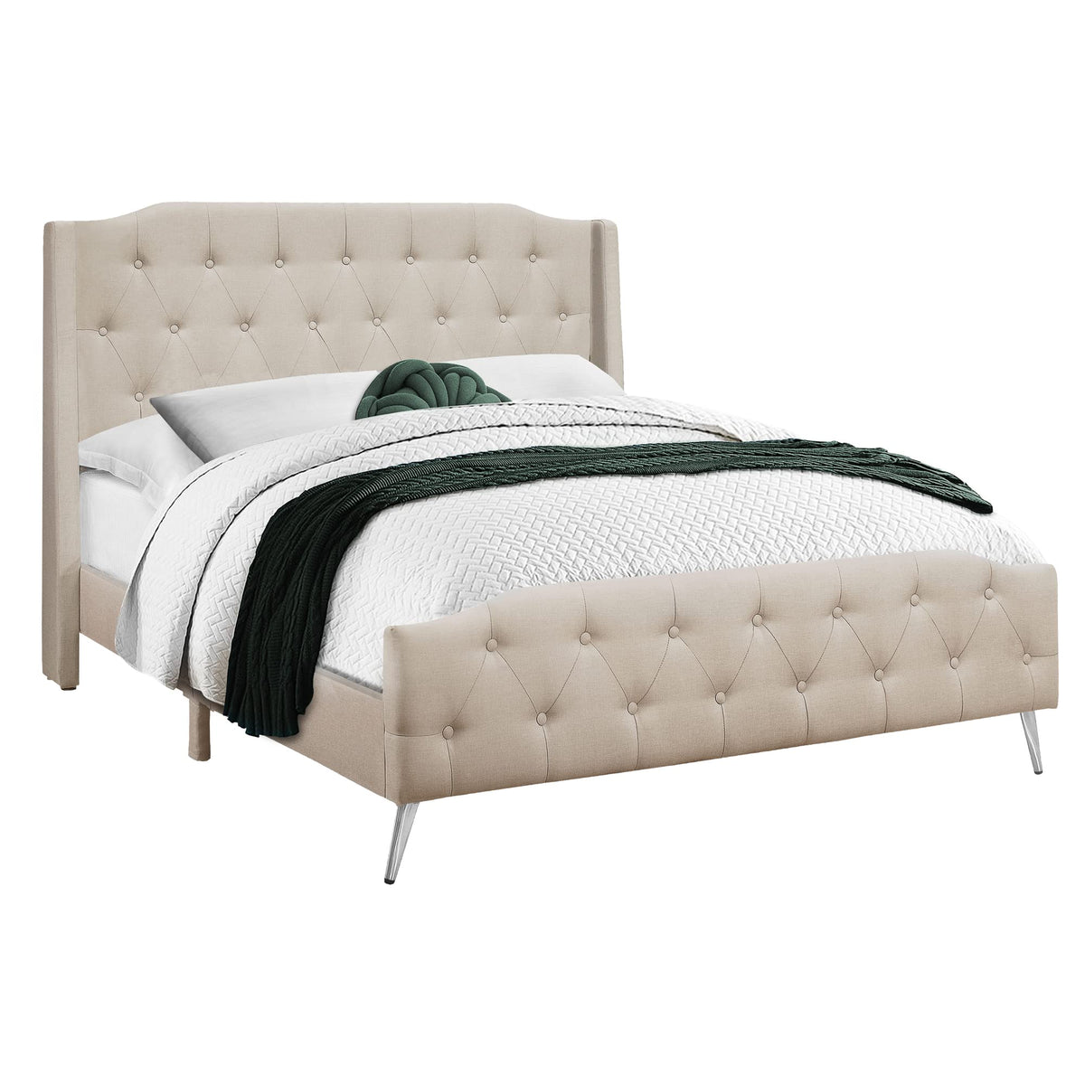 Monarch Specialties I 6046q Bed, Queen Size, Bedroom, Frame, Upholstered, Beige Linen Look, Chrome Metal Legs, Transitional