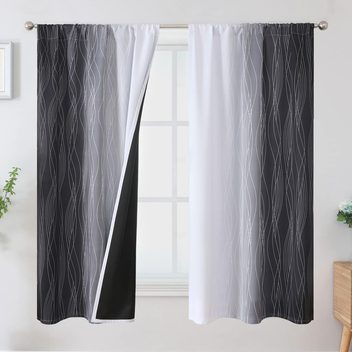 Estelar Textiler Black And Greyish White Ombre Blackout Curtains 63 Inch Length 2 Panels, Thermal Insulated Curtains For Bedroom