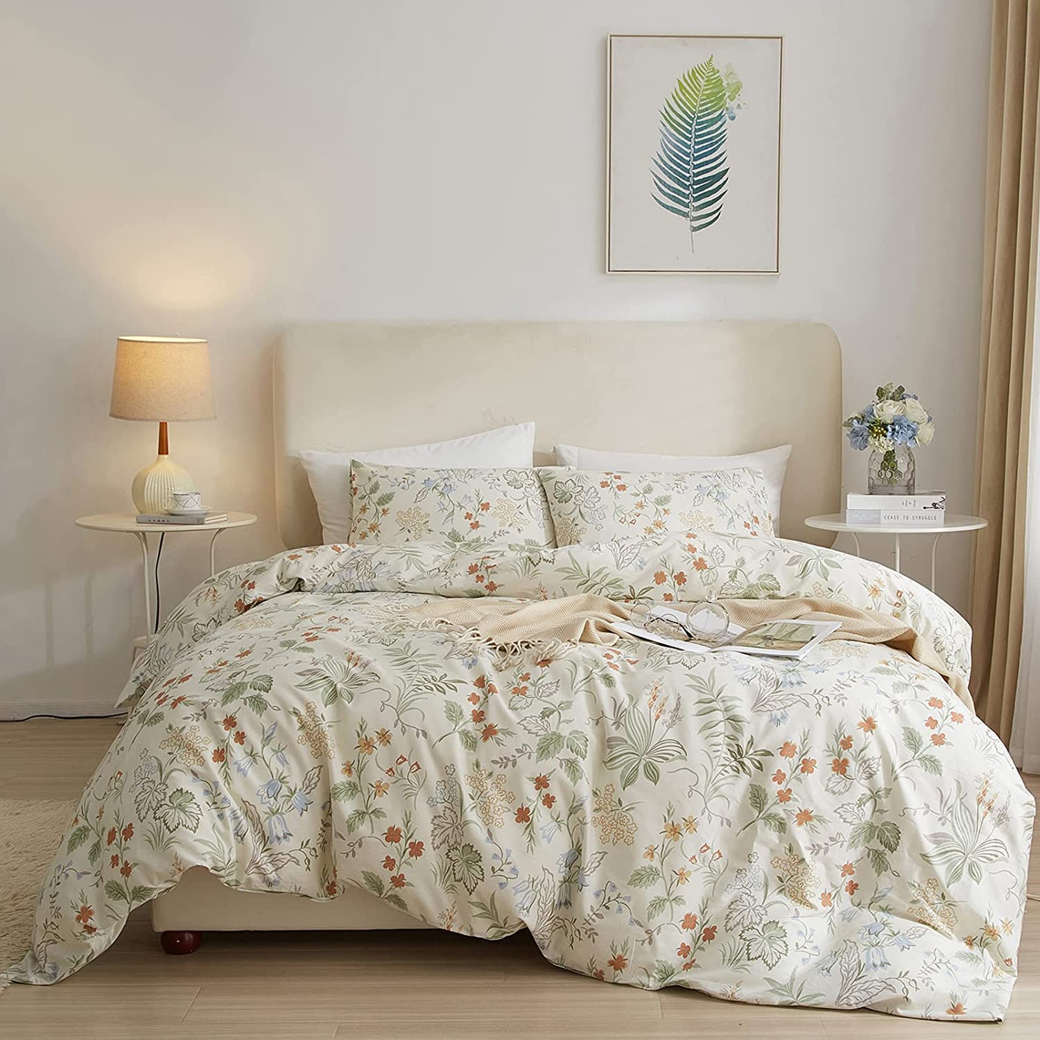 Garden Style Floral Duvet Cover Twin Chic Floral Leaves Bedding Sets Cotton Flower Branch Comforter Cover Aesthetic White Floral