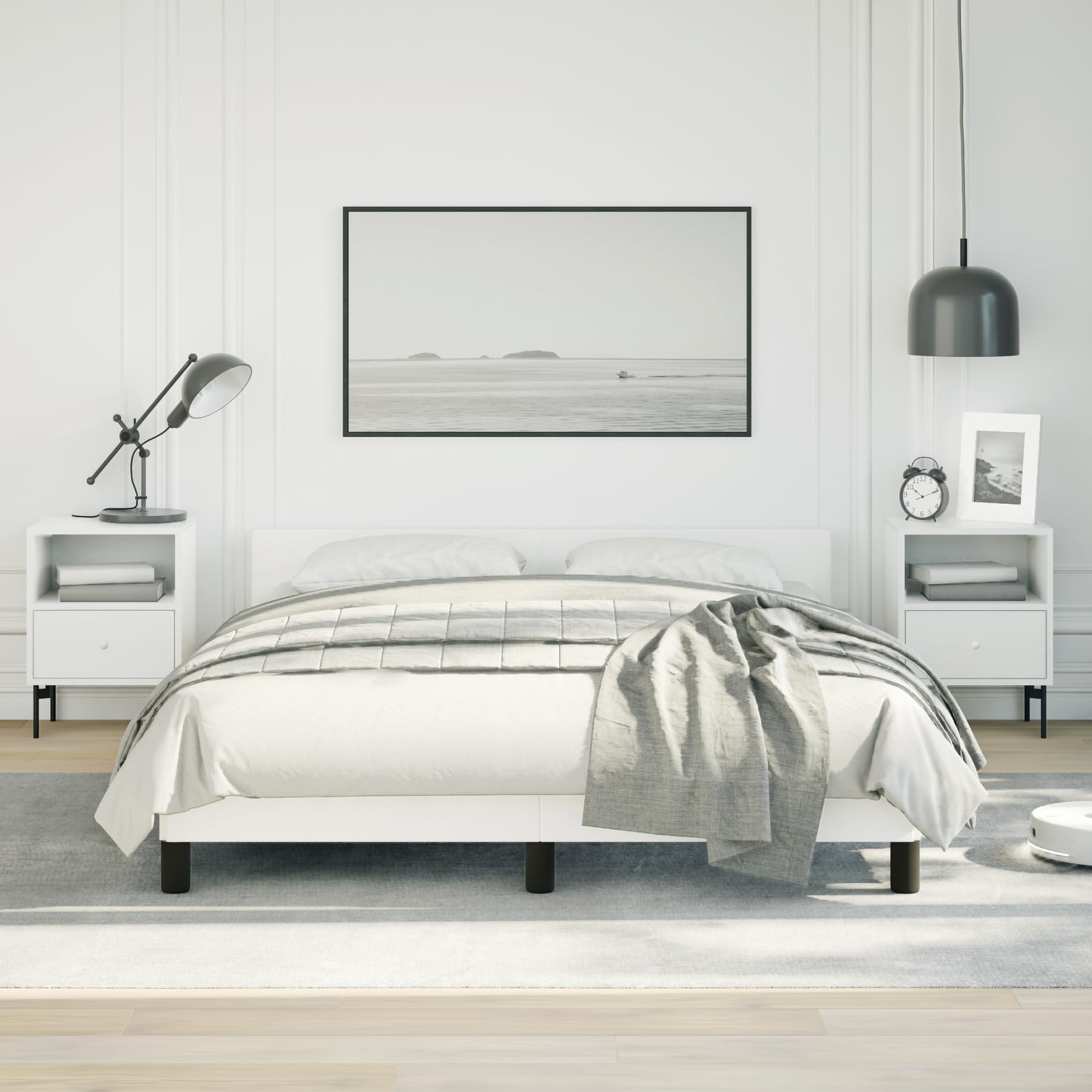 vidaXL Faux Leather Bed Frame Platform Bed, Scandinavian Style/Slats Support/No Box Spring Needed/Without Mattress/Easy Assembly, White Full Bed