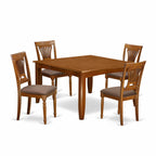 East West Furniture PFPL5-SBR-C 5 Piece Dining Room Table Set Includes a Square Wooden Table with Butterfly Leaf and 4 Linen Fabric Kitchen Dining Chairs, 54x54 Inch, Saddle Brown
