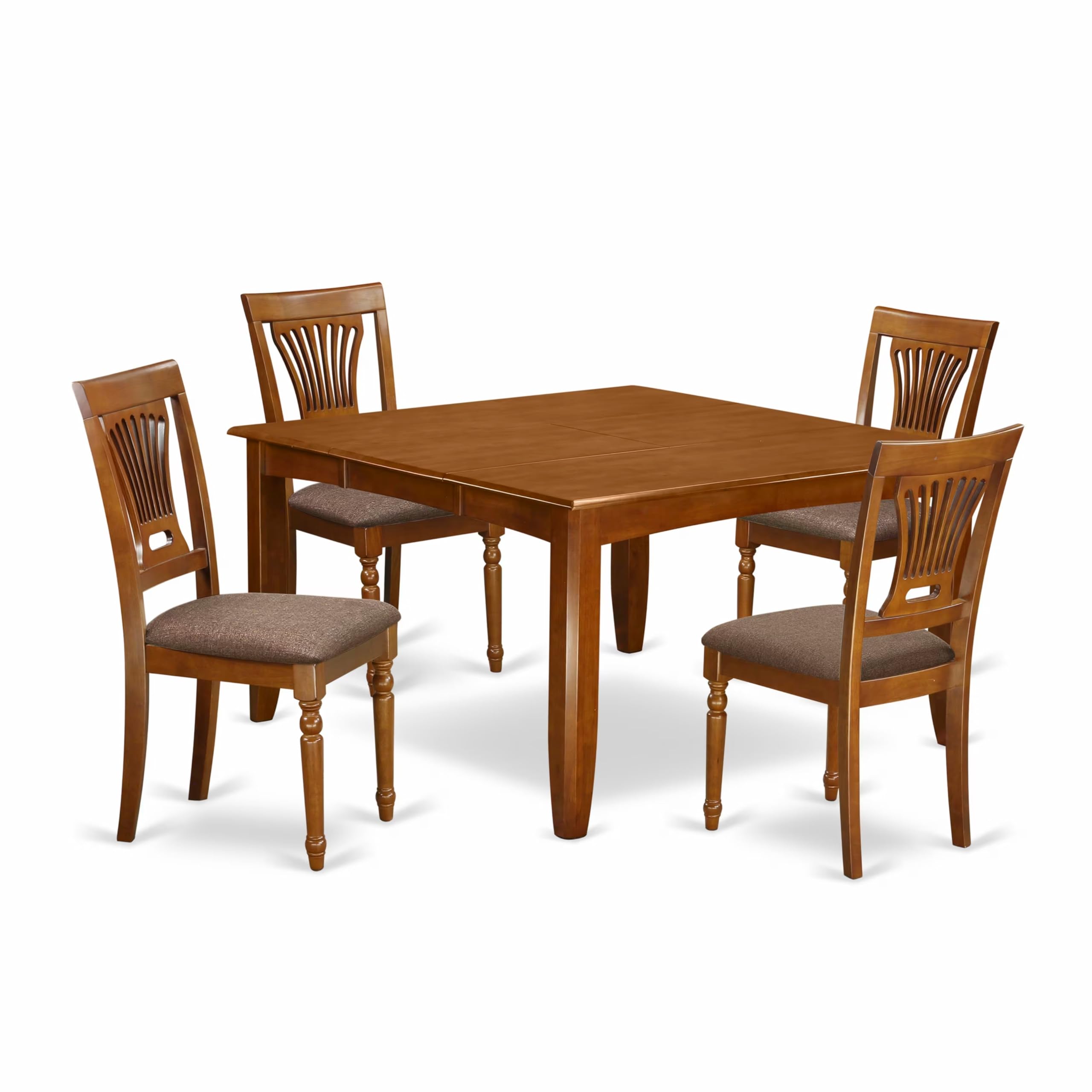 East West Furniture PFPL5-SBR-C 5 Piece Dining Room Table Set Includes a Square Wooden Table with Butterfly Leaf and 4 Linen Fabric Kitchen Dining Chairs, 54x54 Inch, Saddle Brown