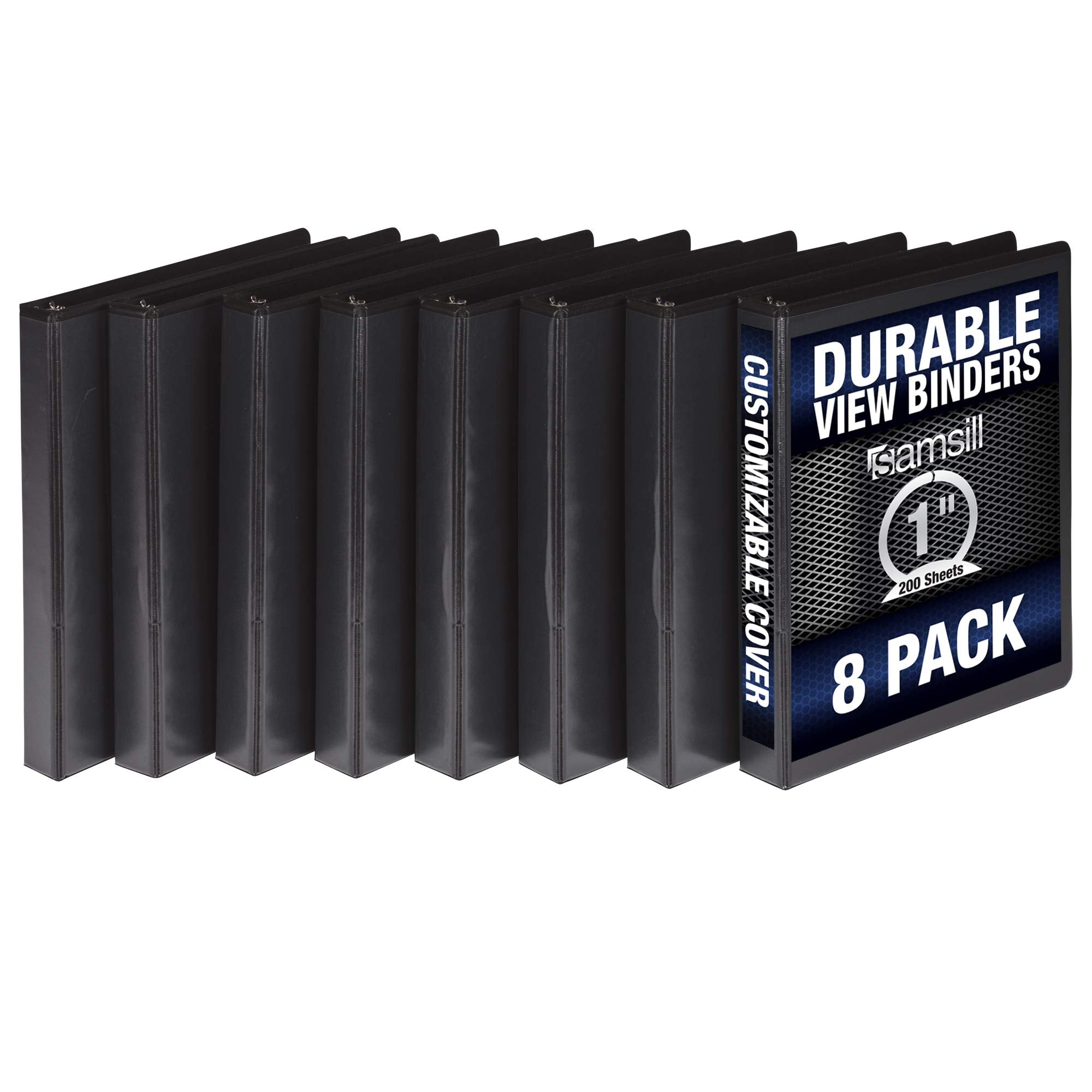 Samsill Durable 1 Inch Binder, Made In The Usa, Round Ring Customizable Clear View Binder, Black, 8 Pack (S88430)