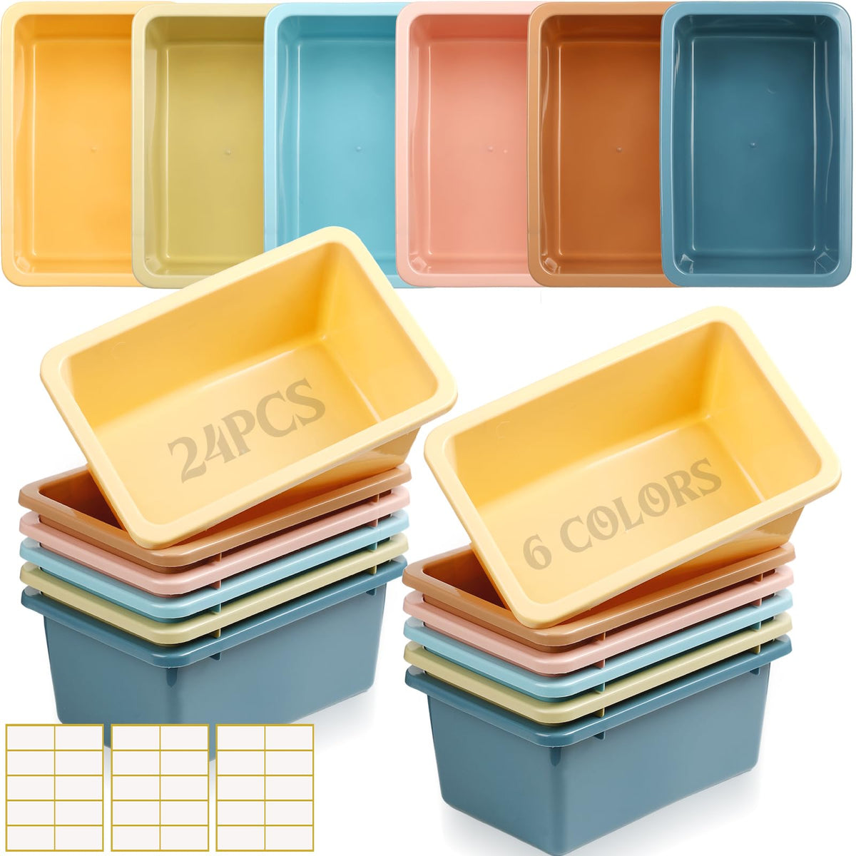 Thyle 24 Pieces Plastic Cubby Bins with Labels Classroom Book Bins Stackable Storage Container Durable Toy Storage Organizer Bas