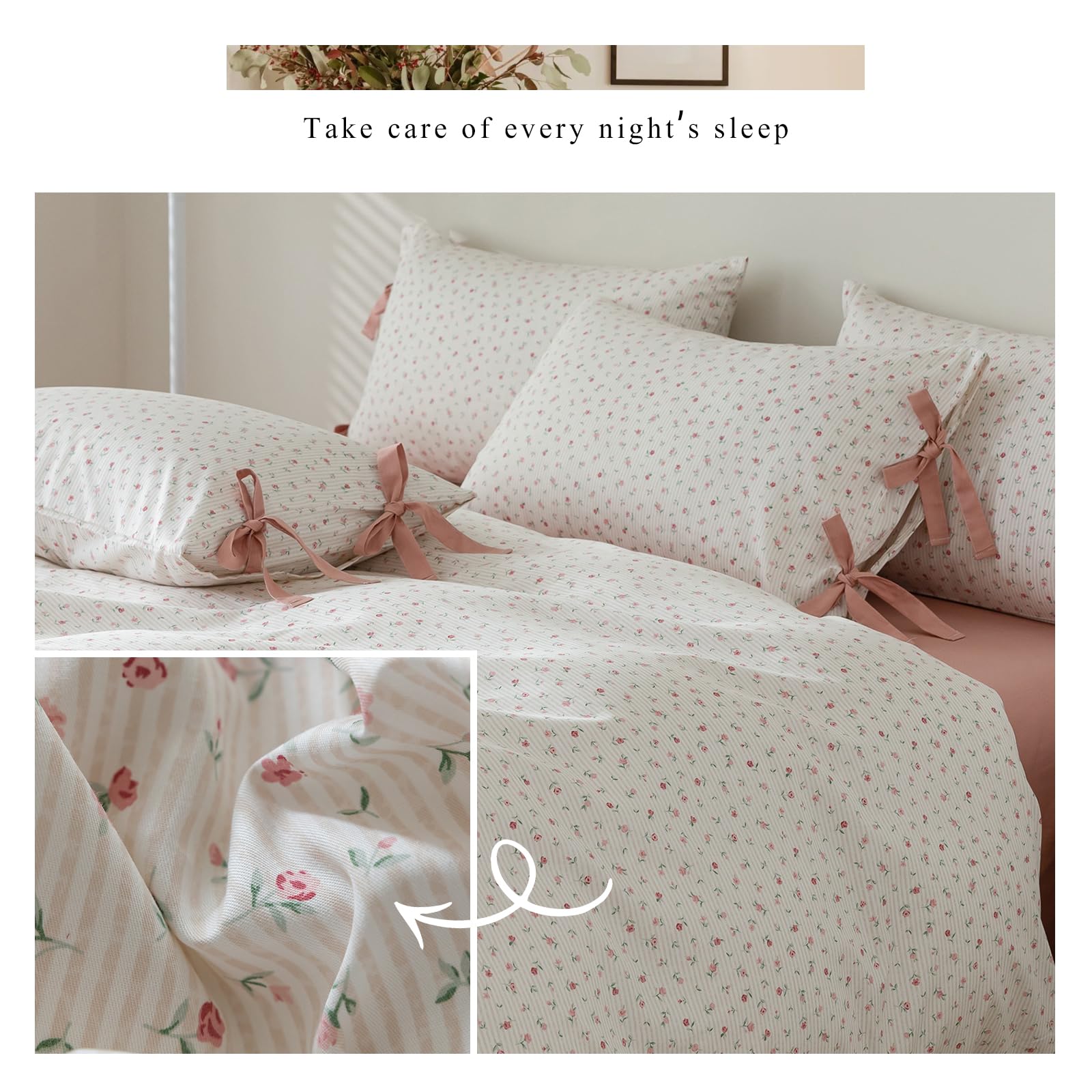Floral Print Duvet Cover Full Boho Aesthetic Bedding Duvet Cover Cotton Comforter Cover Girl Pink Flower Duvet Cover With 2 Bowk