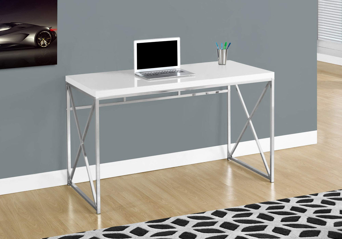 HomeRoots Particle Board,Metal Computer Desk - 48' L/Glossy White/Chrome Metal