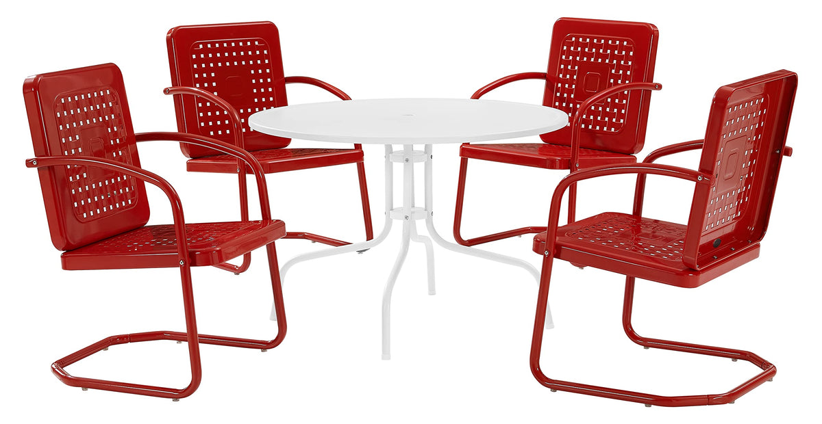 Crosley Furniture Bates 5-Piece Outdoor Dining Set for 4, Retro Metal Round Patio Table and Chairs for Deck, Bright Red Gloss