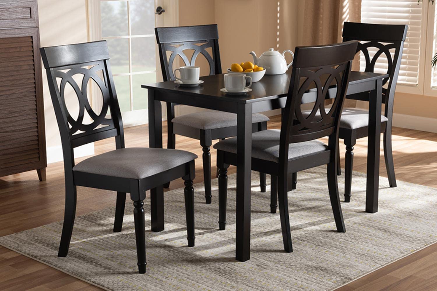 Baxton Studio Lucie Modern and Contemporary Grey Fabric Upholstered Espresso Brown Finished 5-Piece Wood Dining Set