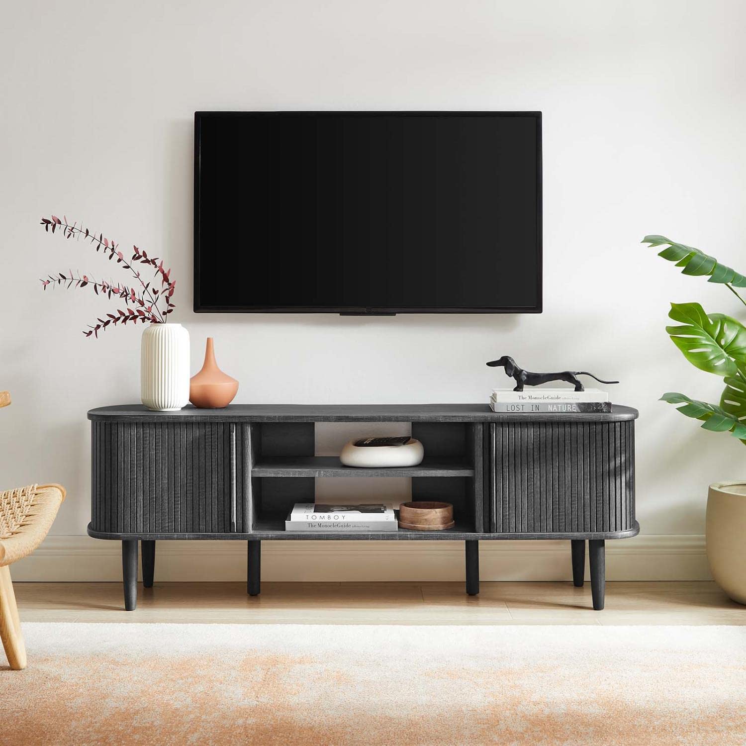 Modway Contour Mid-Century Modern 55&Quot; Media Tv Stand In Charcoal, 15 X 54.5 X 18.5
