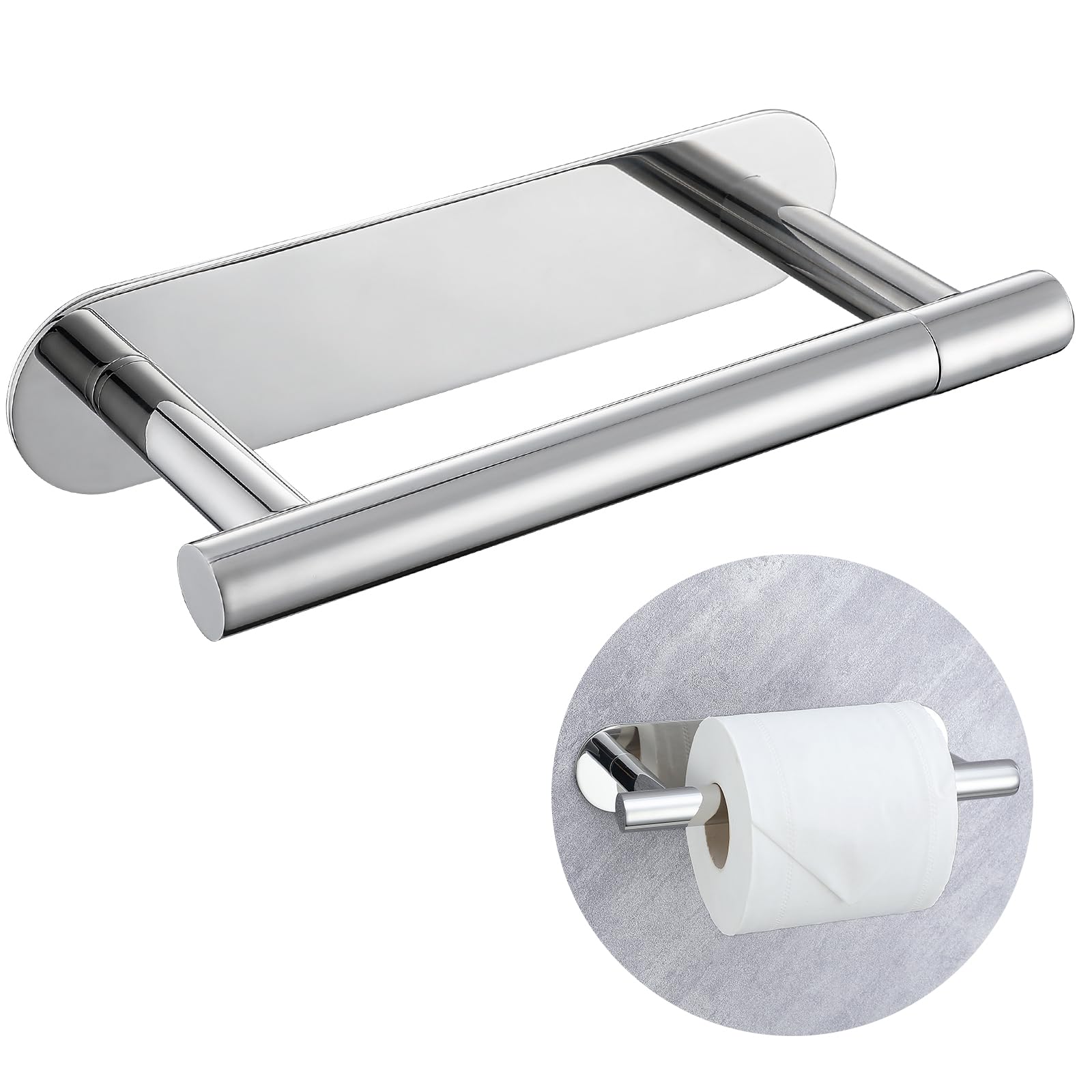Self Adhesive Chrome Toilet Paper Holder, SUS304 Stainless Steel Toilet Roll Holder, Double Base Paper Towel Holder Wall Mount N