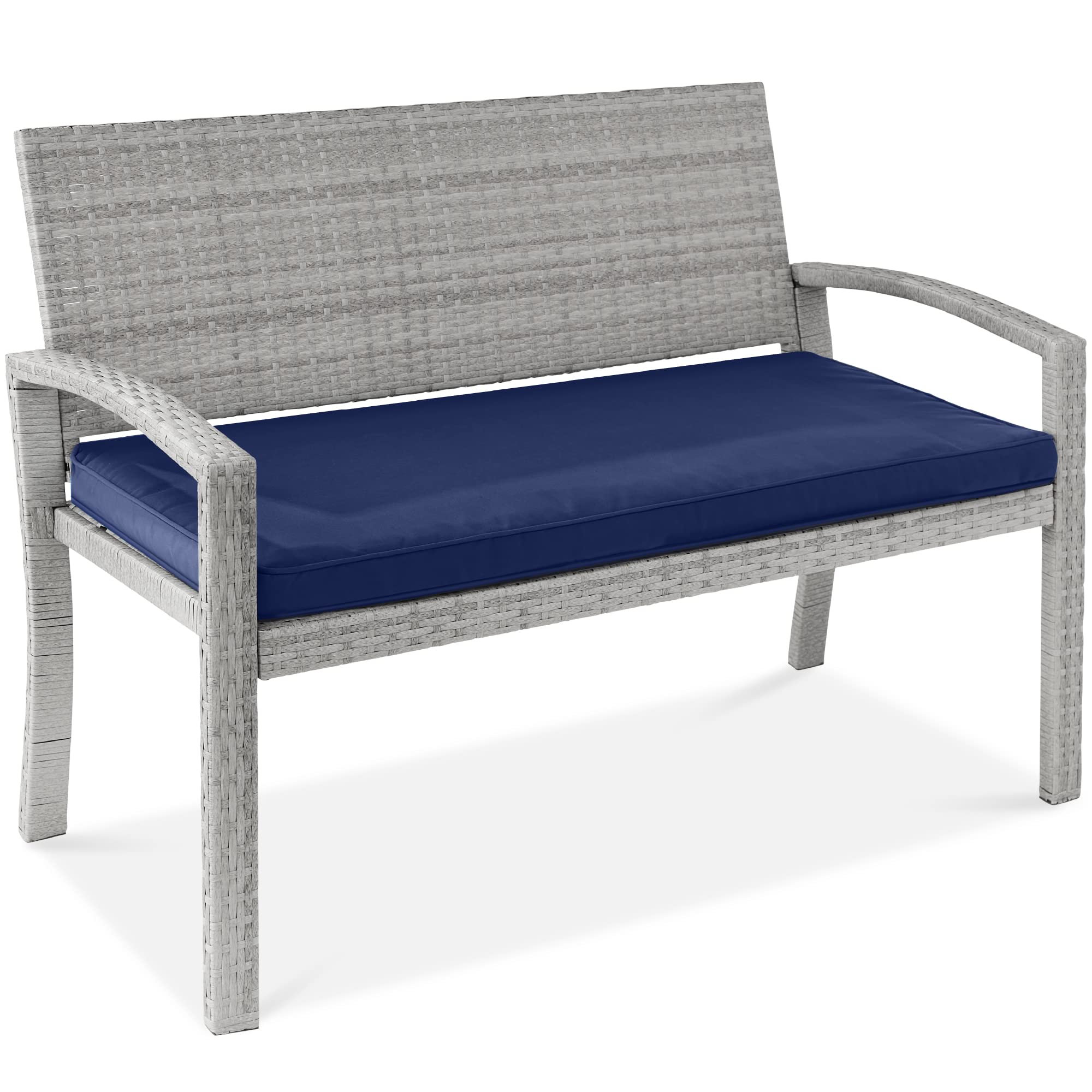 Best Choice Products Outdoor Bench 2-Person Wicker Garden Patio Benches Seating Furniture For Backyard, Porch W/Seat Cushion, 700Lb Capacity - Gray/Navy