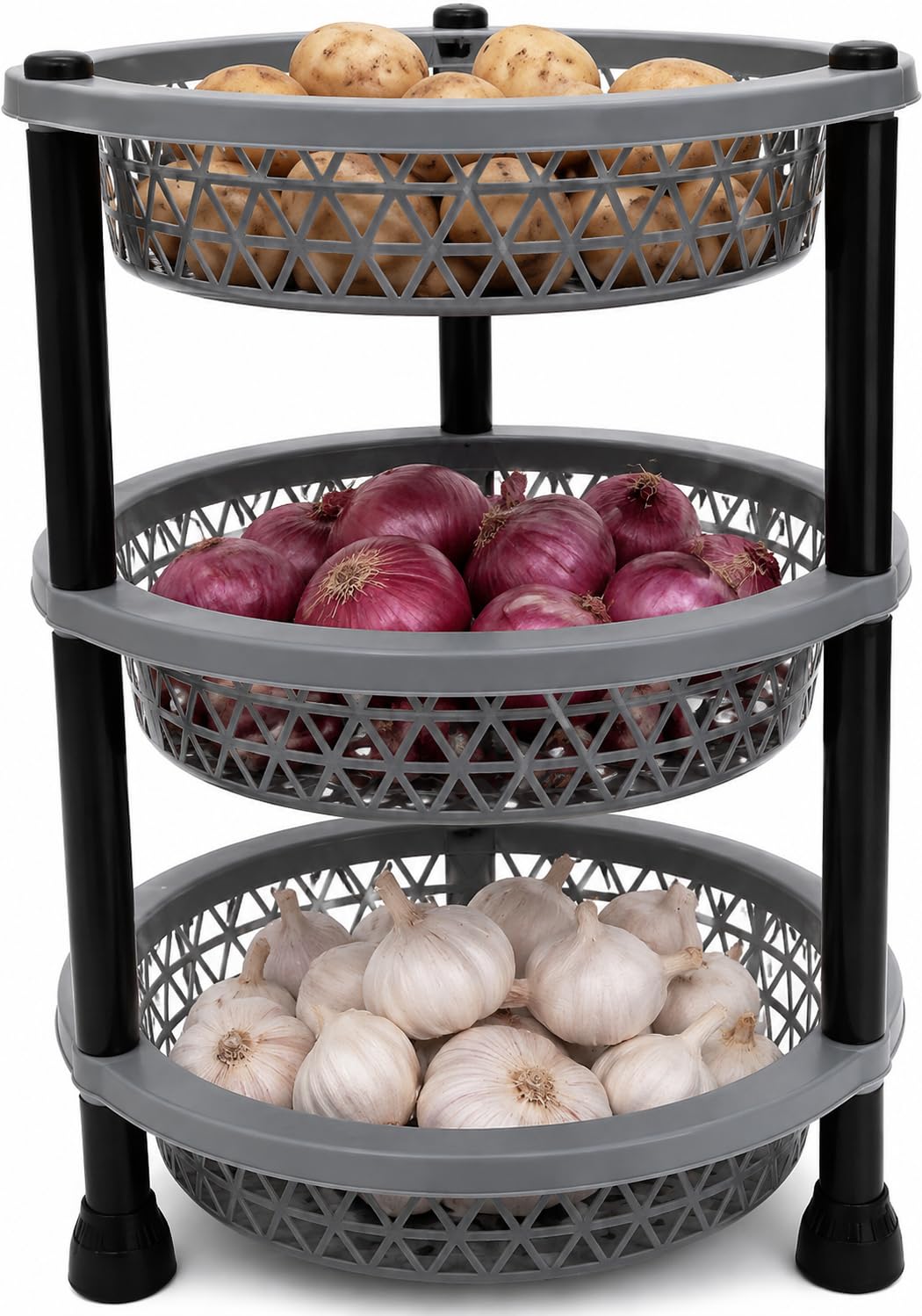3 Layer Round Plastic Vegetable Storage Rack, Multipurpose Kitchen Organiser Stand For Vegetables And Fruits Trolley, Random Col