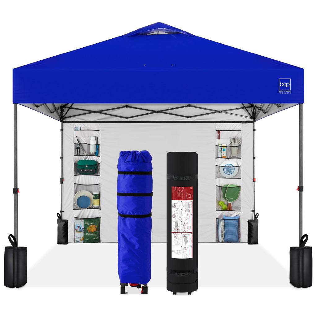 Best Choice Products 10X10Ft Easy Pop Up Canopy W/Side Wall, 10 Pockets, Portable Carrying Case, 1-Button Setup, 4 Weight Bags - Resort Blue