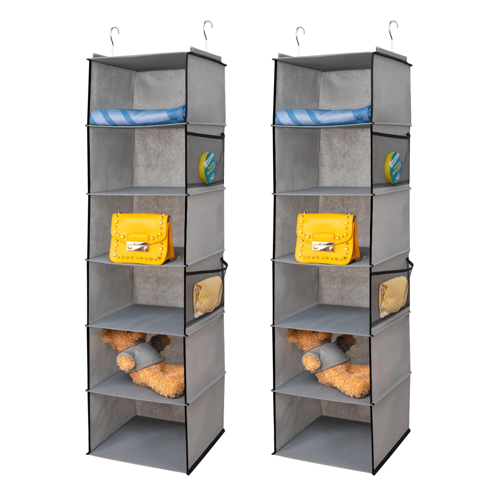 BrilliantJo 6 Shelves Hanging Closet Organizer, 2 Pack Hanging Storage with 4 Side Pockets for Clothes Shoes, 43.5''x12''x12''(G