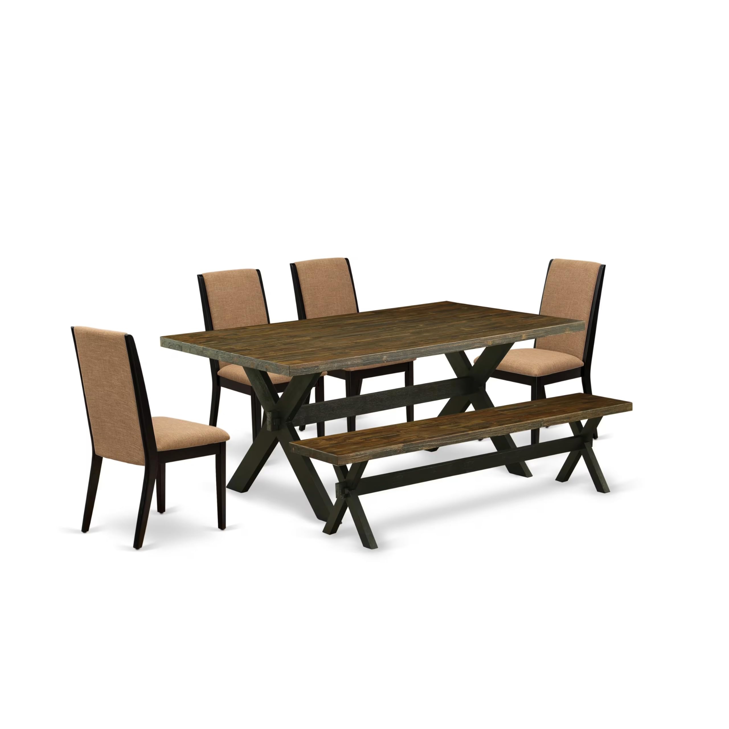 East West Furniture X677La147-6 6 Piece Dining Table Set Contains A Rectangle Kitchen Table With X-Legs And 4 Light Sable Linen Fabric Parson Chairs With A Bench, 40X72 Inch, Multi-Color