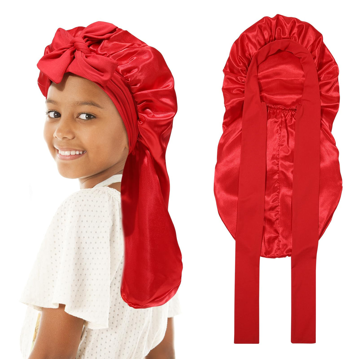 Kids Long Hair Bonnet for Sleeping - Double Layer Girls Elastic Satin Bonnet with Tie Band for Braid Curly Hair (Red)