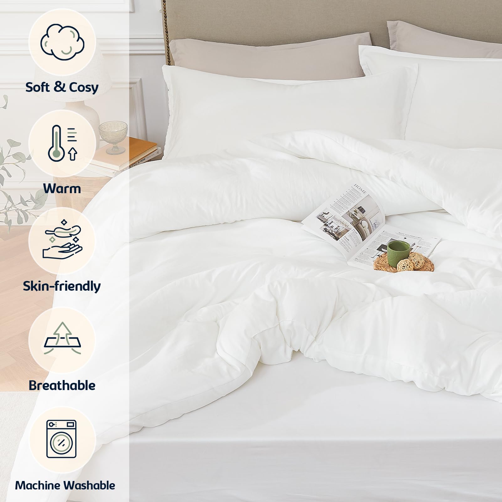 Quataly California King Comforter Set White,3Pcs Soft Lightweight Breathable Bedding Comforter Sets For All Season, Cal King(104