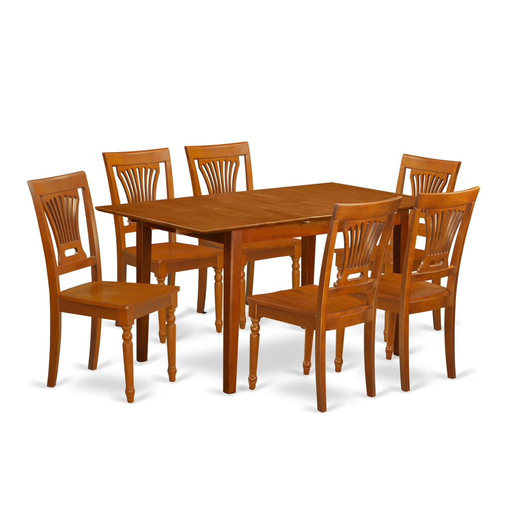 East West Furniture PSPL7-SBR-W 7 Piece Dining Set Consist of a Rectangle Dining Room Table with Butterfly Leaf and 6 Wood Seat Chairs, 32x60 Inch, Saddle Brown