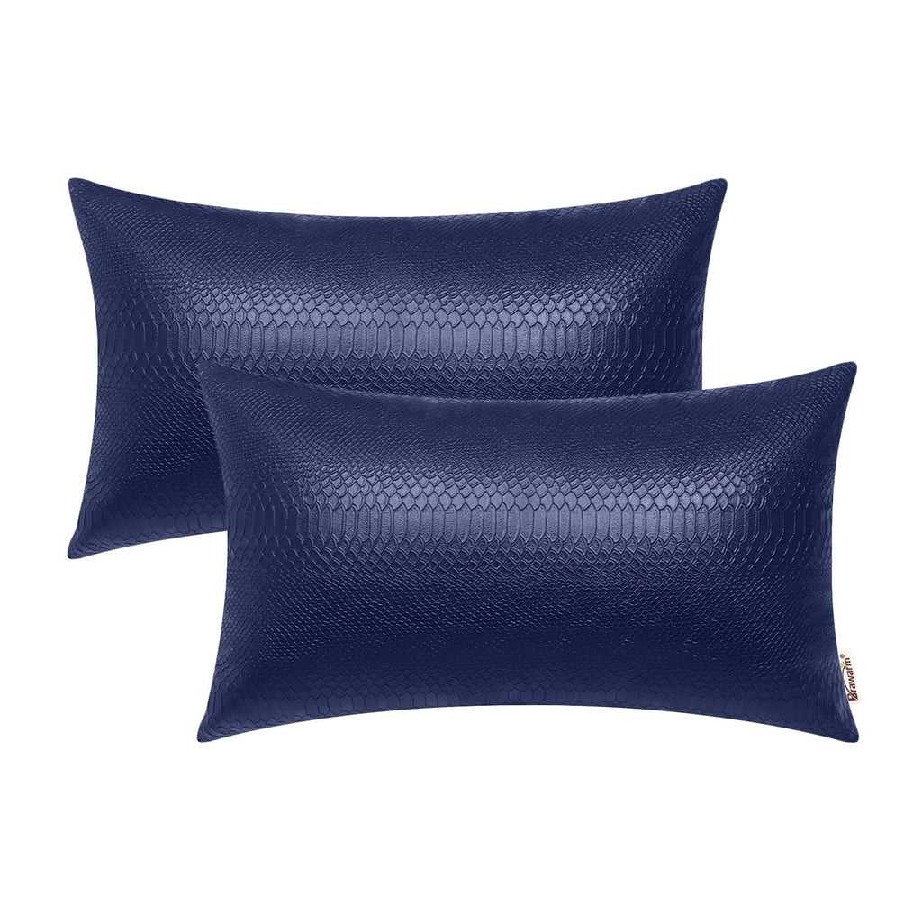 BRAWARM Navy Blue Leather Throw Pillows 12 X 20 Inches, Snake Leather Pillow Covers Pack of 2, Faux Leather Decorative Lumbar Pi