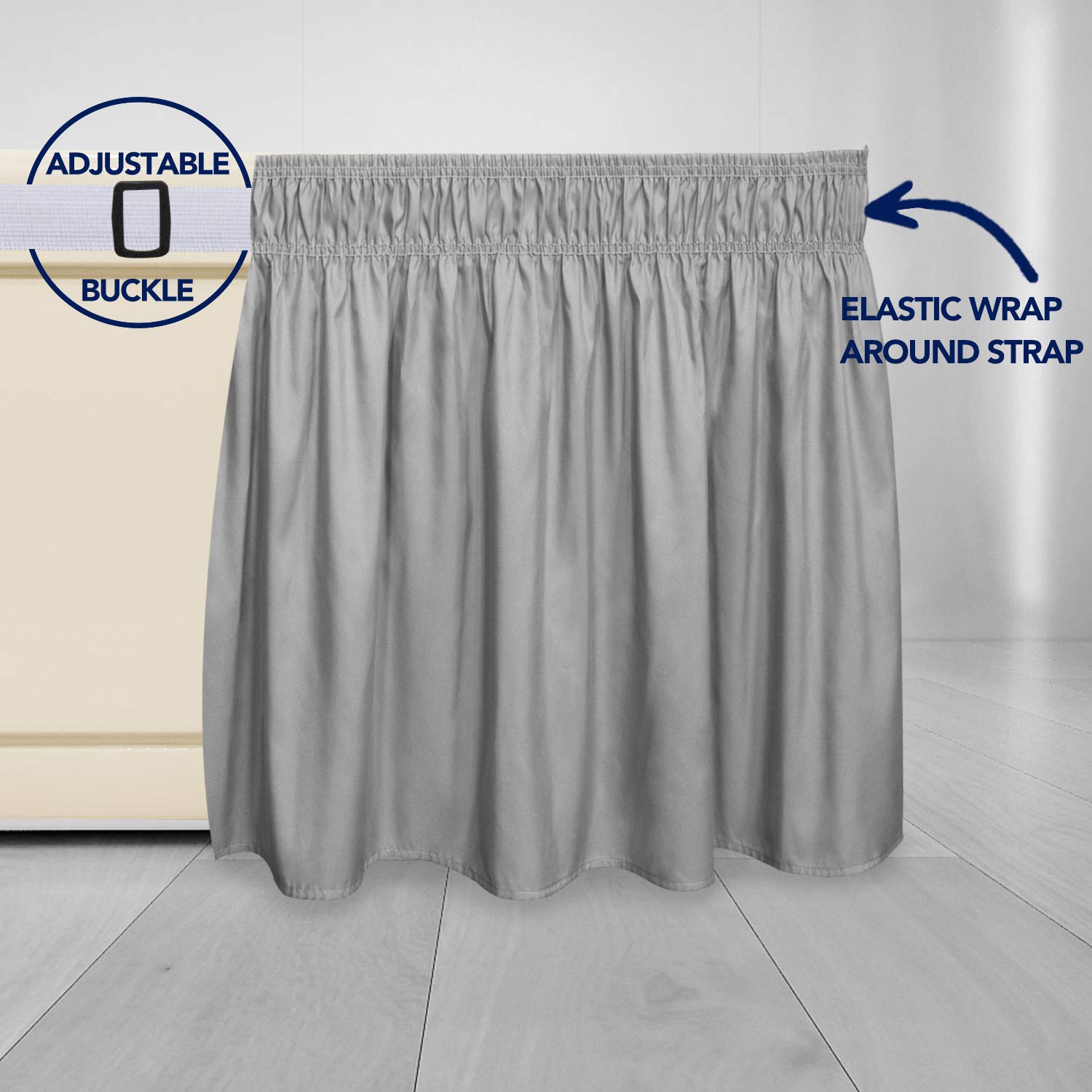 Purefit Wrap Around Ruffled Bed Skirt With Adjustable Elastic Belt - 14 Inch Drop Easy To Put On, Wrinkle Free Bedskirt Dust Ruffles, Bed Frame Cover For Twin,Twin Xl And Full Size Beds, Light Gray