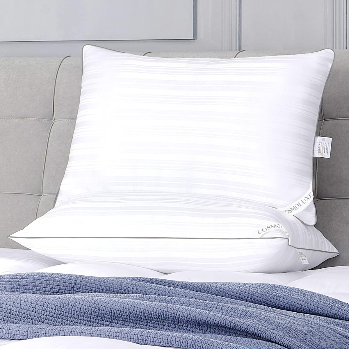 Cosmoluxe Standard Size Firm Bed Pillows For Sleeping 2 Pack - Grey Piping 20X26 Pillows Set Of 2 For Side, Stomach And Back Sle