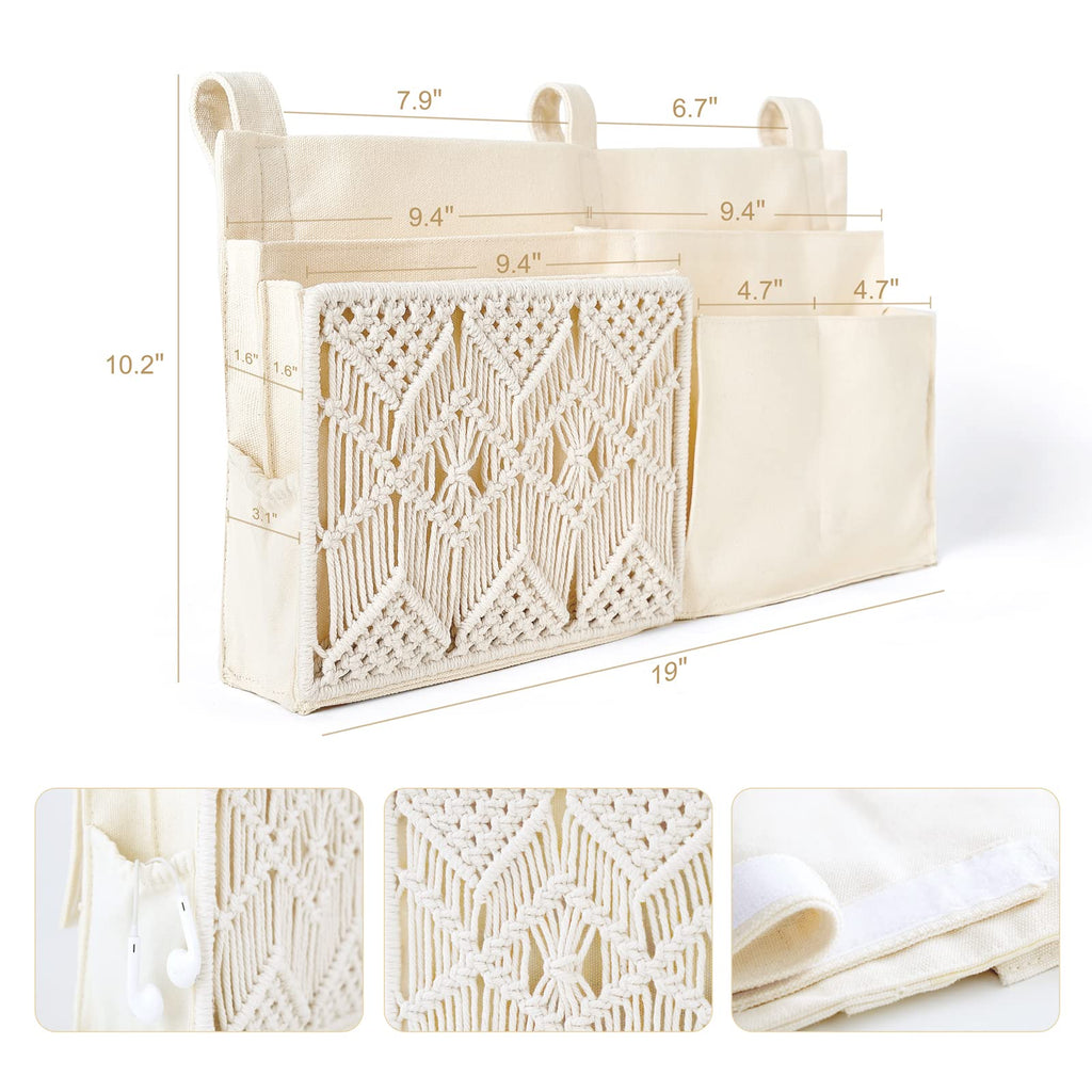 Mkono Bedside Caddy Hanging Organizer, Bunk Woven 7 Pockets Bed Storage Bag Boho Remote Magazine Books Holder With Macrame For L