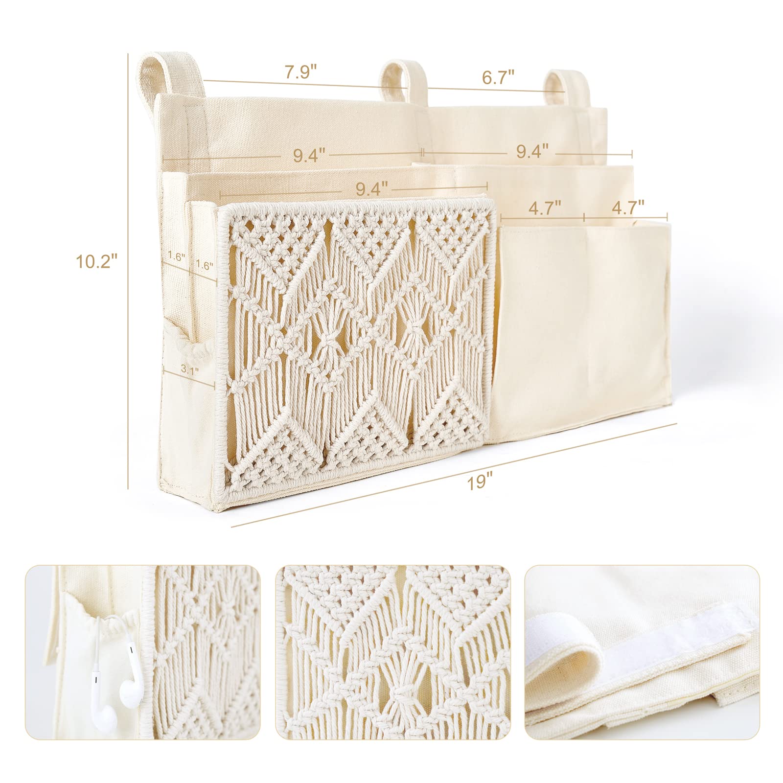 Mkono Bedside Caddy Hanging Organizer, Bunk Woven 7 Pockets Bed Storage Bag Boho Remote Magazine Books Holder With Macrame For L