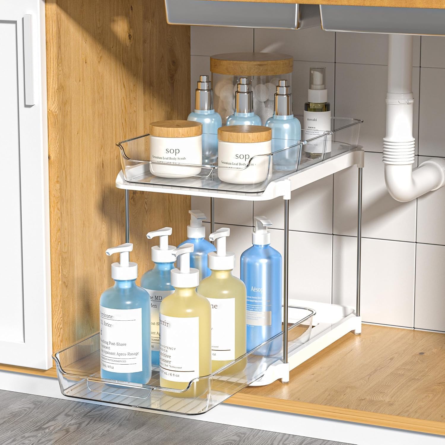 Kienlix 2Tier Under Sink Organizer, Clear Plastic With White Frame, PullOut Sliding Drawer, 32.0 Cm X 21.0 Cm X 27.0 Cm, Bathr