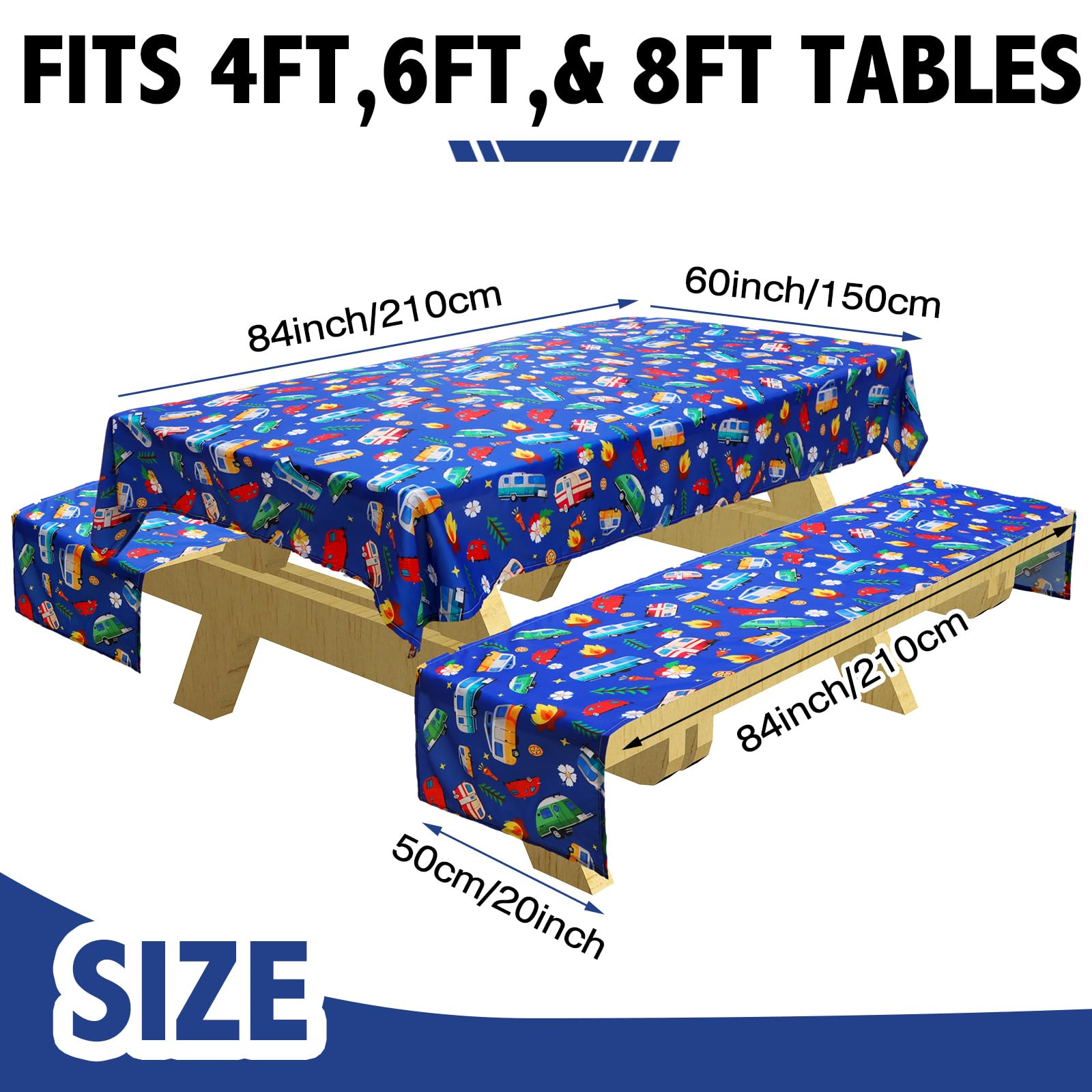 Tudomro Camping Tablecloth With Picnic Bench Covers, Picnic Table Cover Fits 4Ft To 7Ft Picnic Tables, Washable Reusable Polyest