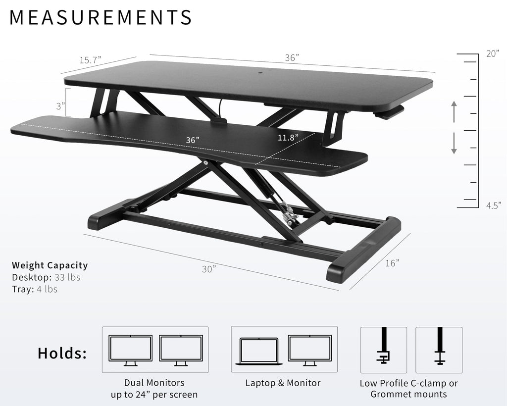 Vivo 36 Inch Desk Converter, K Series, Height Adjustable Sit To Stand Riser, Dual Monitor And Laptop Workstation With Wide Keyboard Tray, Black, Desk-V036Kb