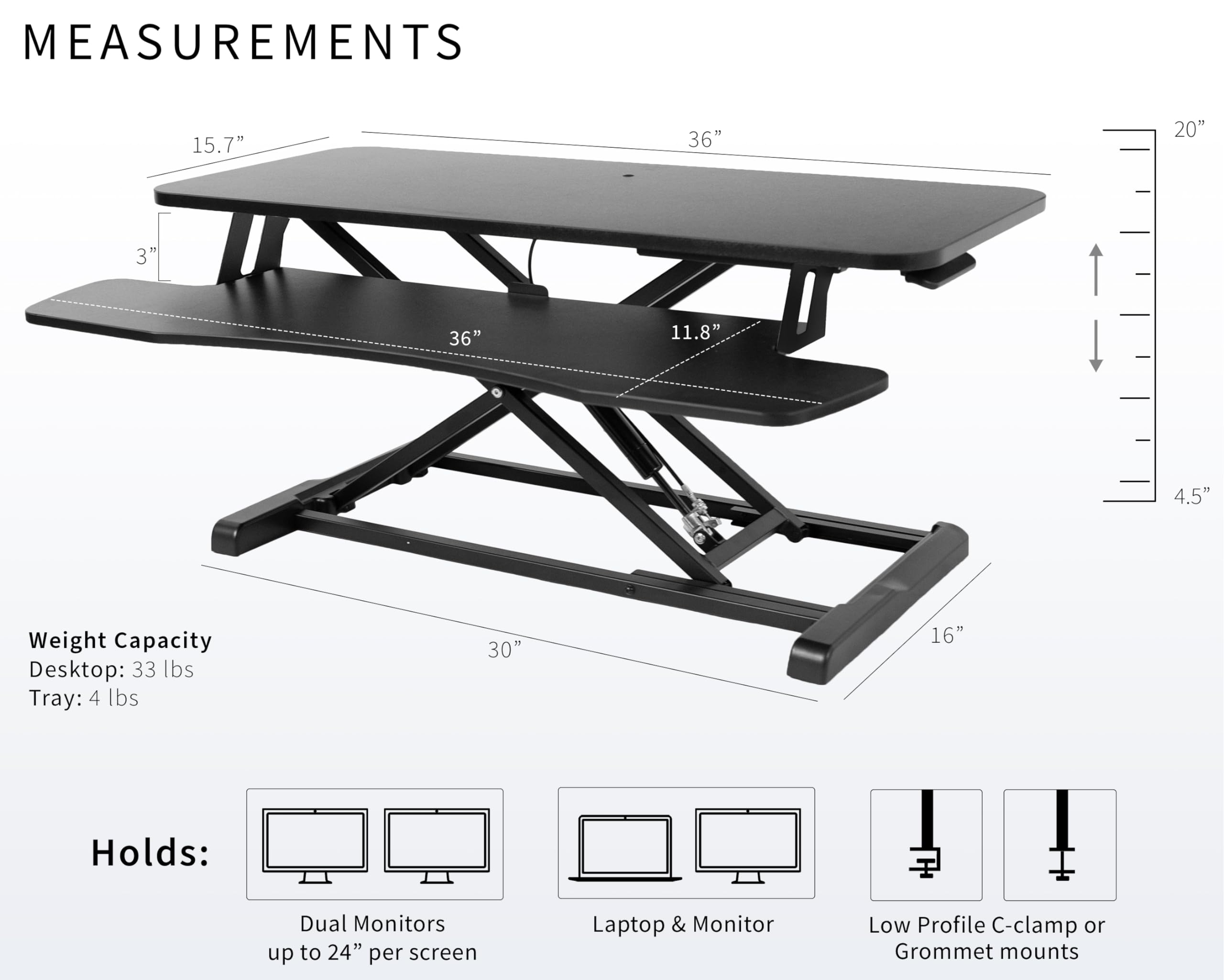 Vivo 36 Inch Desk Converter, K Series, Height Adjustable Sit To Stand Riser, Dual Monitor And Laptop Workstation With Wide Keyboard Tray, Black, Desk-V036Kb