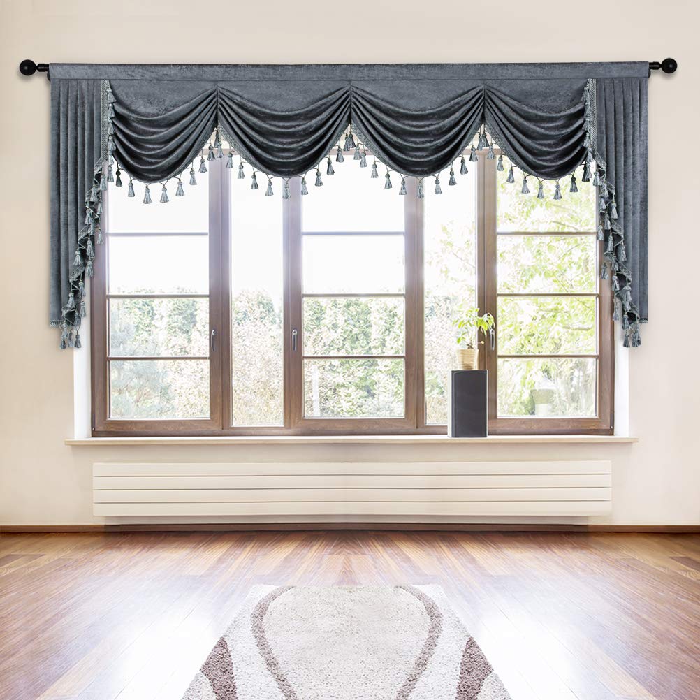 Elkca Thick Chenille Window Curtains Valance For Living Room Grey Waterfall Valance For Bedroom,Rod Pocket,1 Panel (Grey,W118)