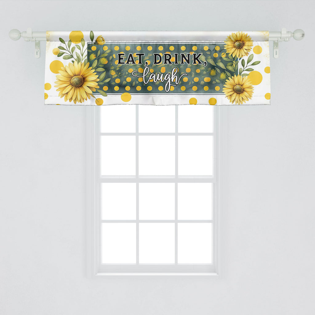 Ambesonne Eat Drink Laugh Window Valance Pack Of 2, Farmhouse Art Sunflower With Orangish Dots And Leaves Greenery, Rod Pocket Curtain Valances Kitchen Bedroom, 54' X 18',Mustard And Hunter Green