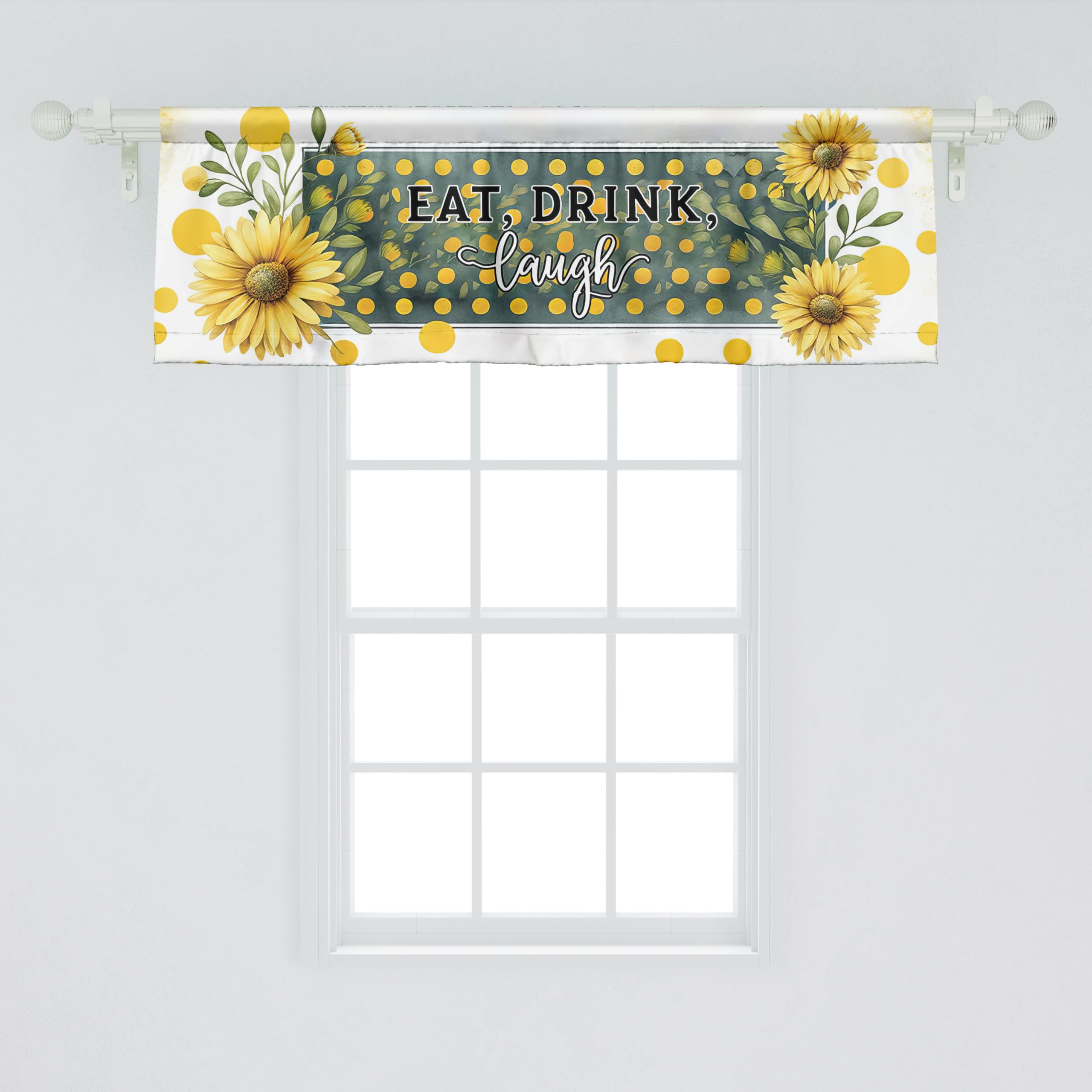 Ambesonne Eat Drink Laugh Window Valance Pack Of 2, Farmhouse Art Sunflower With Orangish Dots And Leaves Greenery, Rod Pocket Curtain Valances Kitchen Bedroom, 54' X 18',Mustard And Hunter Green