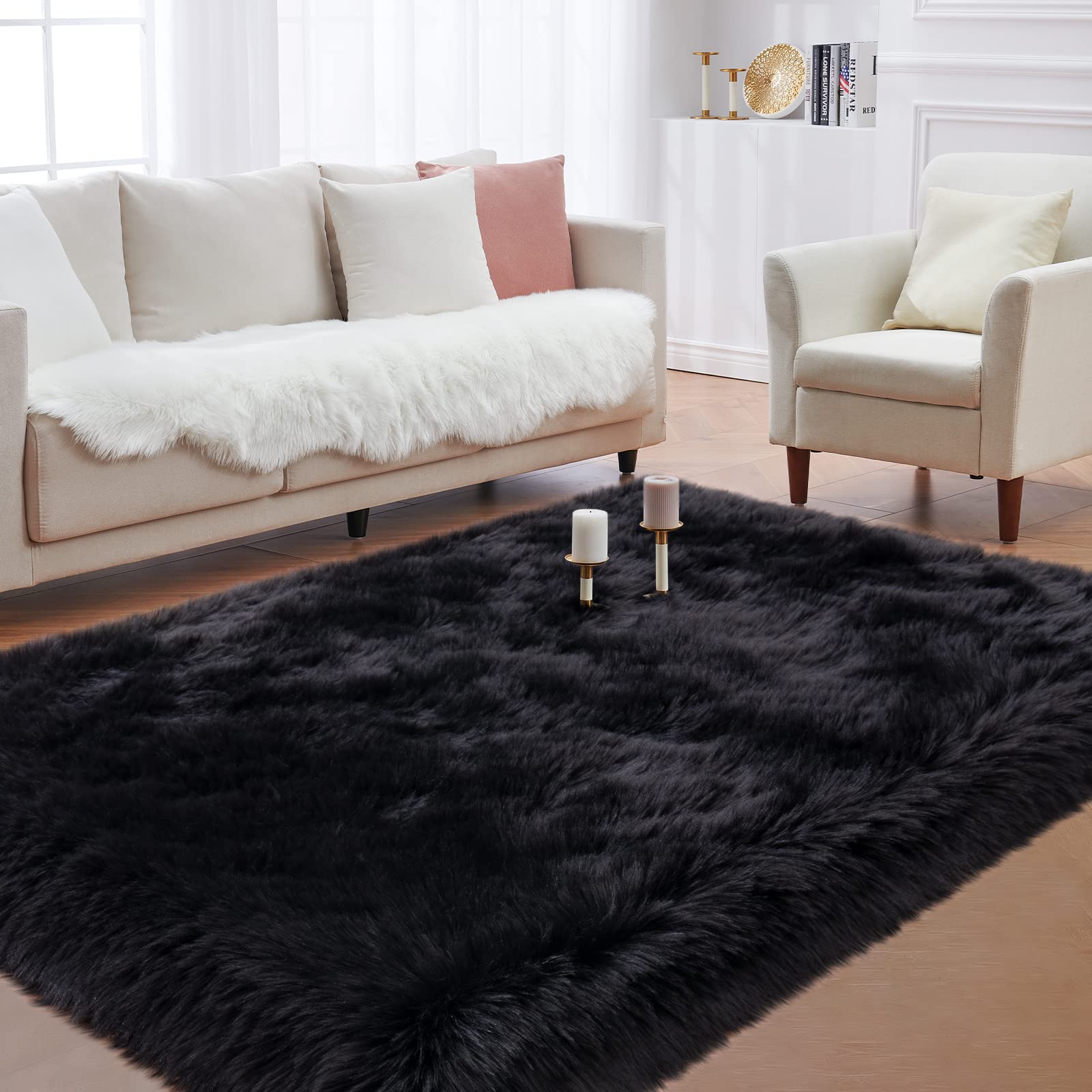 Faux Fur Area Rug, Black Fluffy Rugs For Bedroom Living Room, 4'X6' Soft Shaggy Fuzzy Rug For Nursery, Indoor Plush Floor Carpet