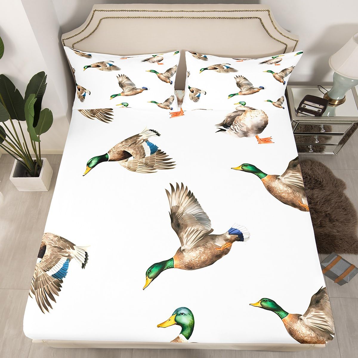 Mallard Duck Bed Sheet Set Hunting And Fishing Fitted Sheet Wild Animal Bedding Set For Boys Girls Kids Wildlife White Bed Cover