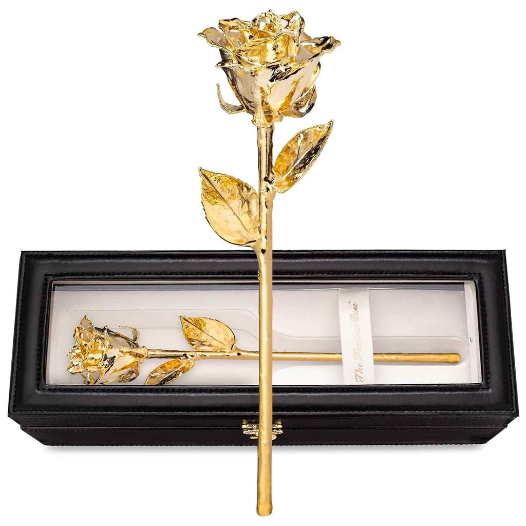 Forever Rose Leather Case Bundle - A Genuine, One Of A Kind, Real Rose Hand Dipped In Gold With Beautiful Leather Case With Led