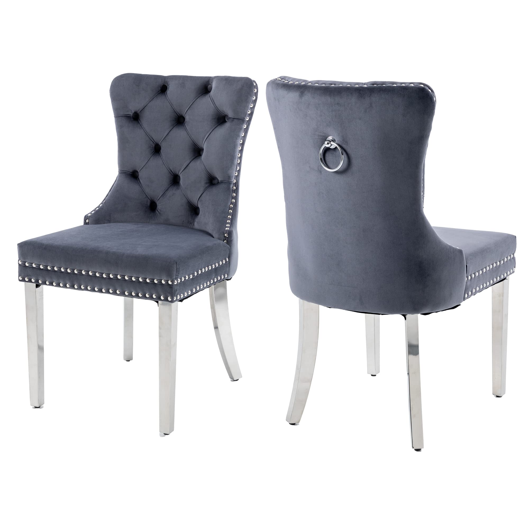 Goolon Dining Room Chairs Set Of 2, Tufted Velvet Chairs With Modern Stainless Steel Legs, Rivet Trim Metal Pull Ring Large Back
