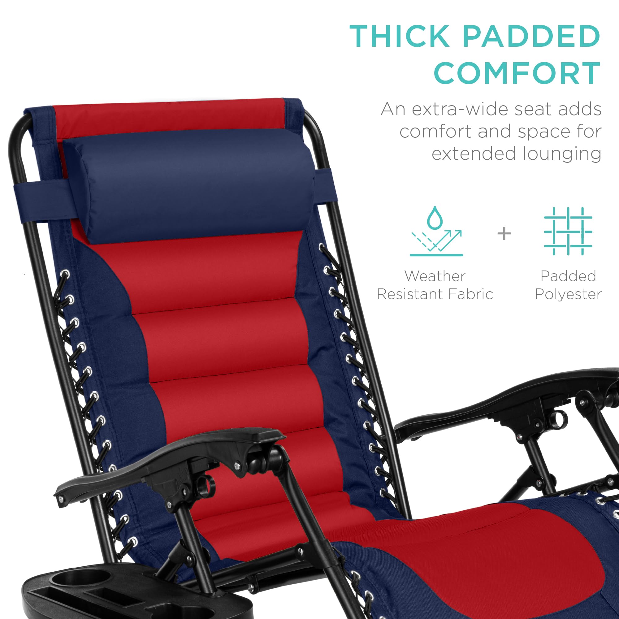 Best Choice Products Oversized Padded Zero Gravity Chair, Folding Outdoor Patio Recliner, Xl Anti Gravity Lounger For Backyard W/Headrest, Cup Holder, Side Tray, Polyester Mesh - Navy/Red
