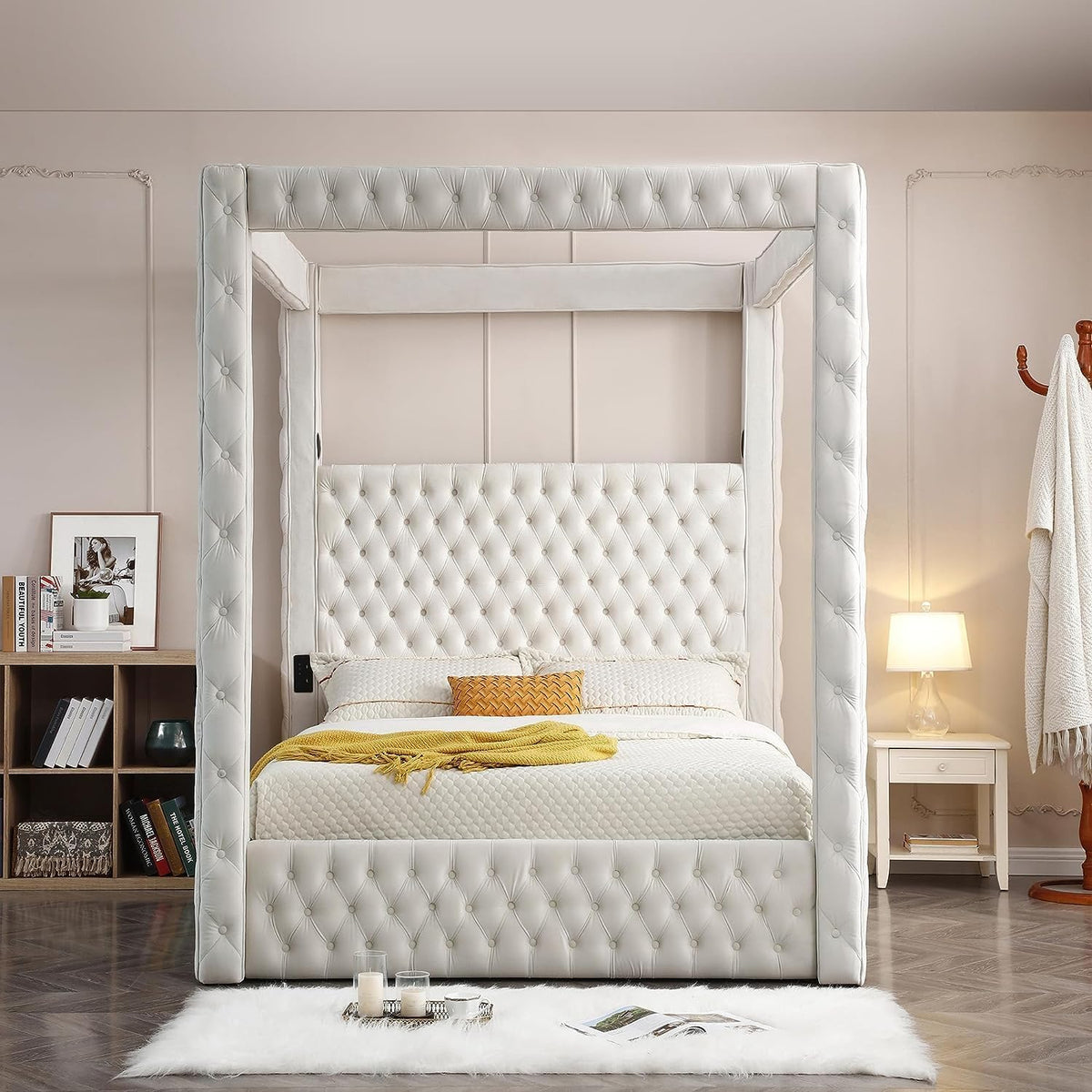 Woodpecker'S Inc Luxurious Velvet Canopy Queen Bed With Speaker And Usb Connection In Cream