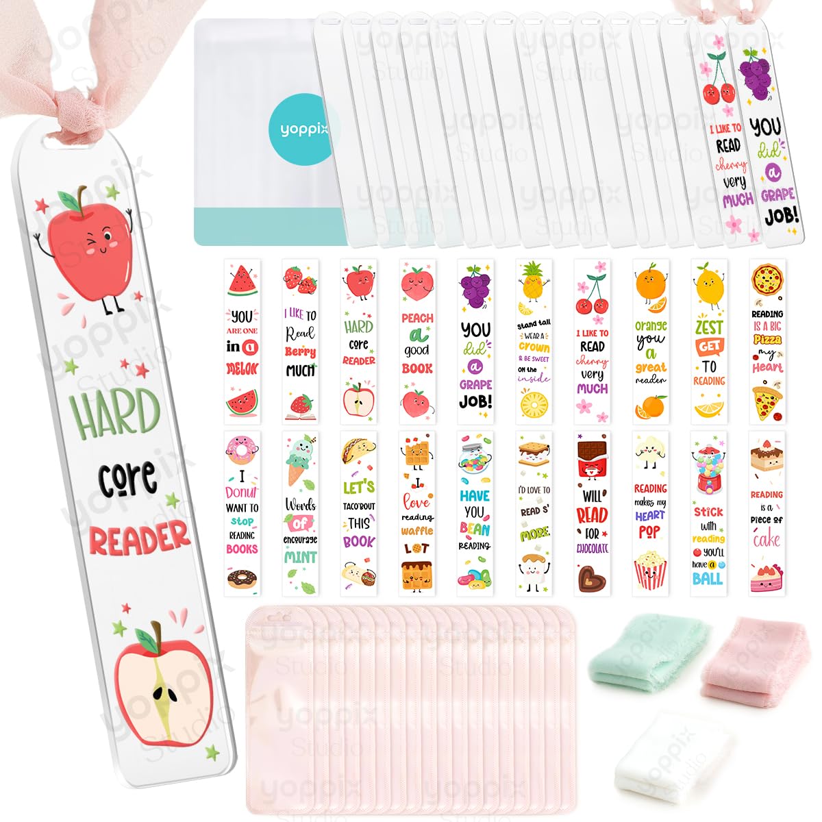Yoppix 15 Pieces Acrylic Bookmark Blanks (3Mm) Thicken Clear Acrylic Bookmarks With 20 Pcs Fruit Food Uv Dtf Sticker, 15 Pcs Rib