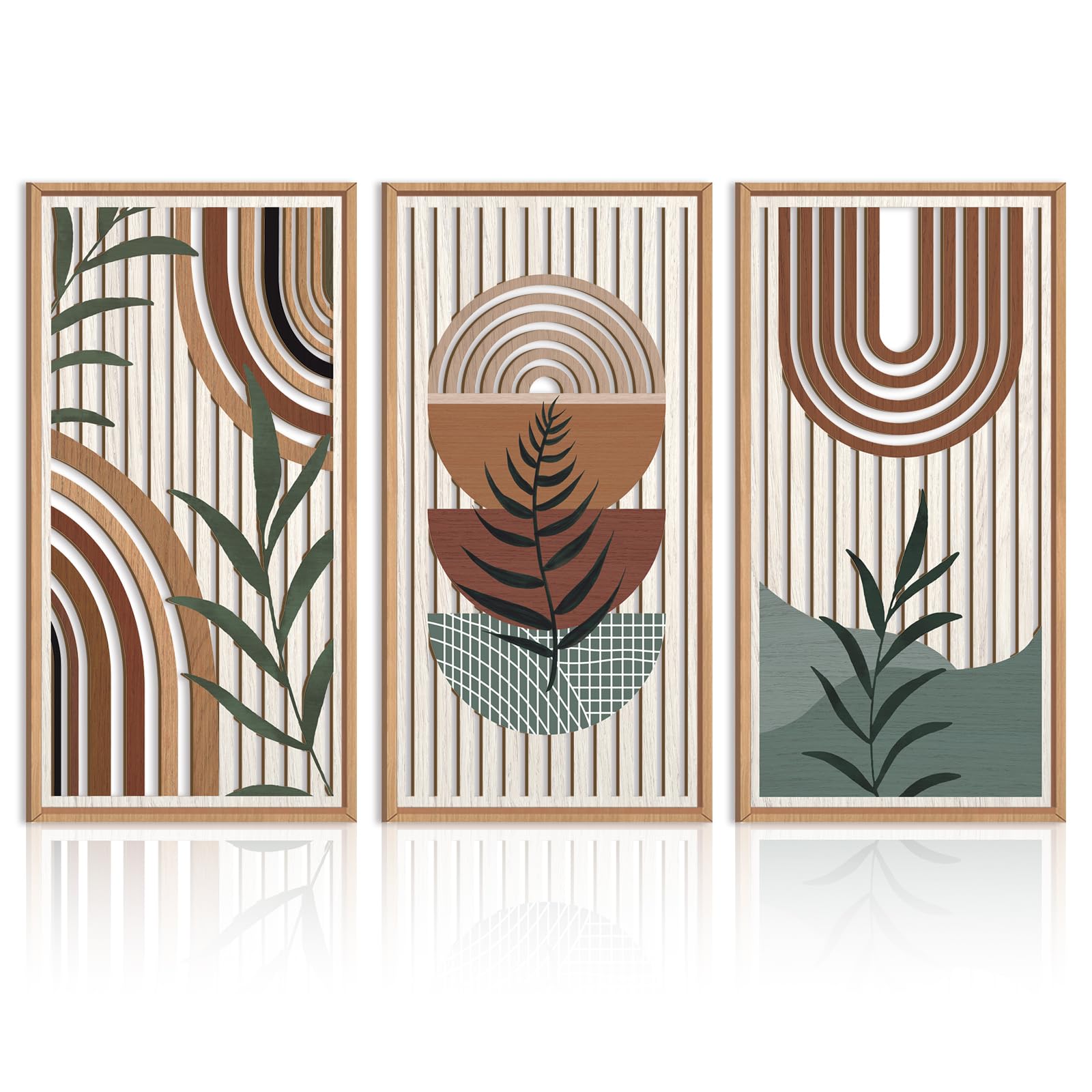 IARTTOP Large Boho Wall Art Set Of 3 Framed Mid Century Modern Wall Decor Abstract Geometric Wood Wall Art For Bedroom Living Ro
