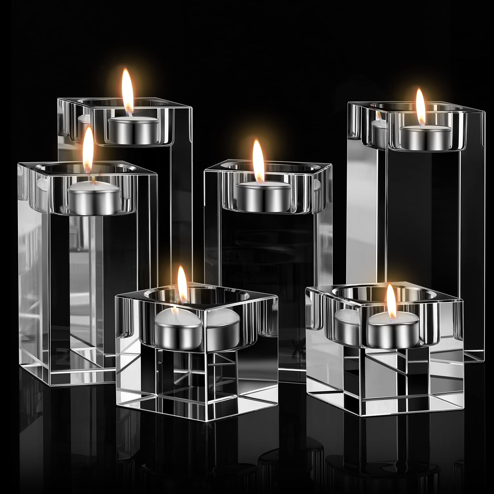 6 Pcs Crystal Candle Holders Clear Tea Light Candle Holders Square Candle Stand Glass Votive Candlestick Holders Centerpiece Tab
